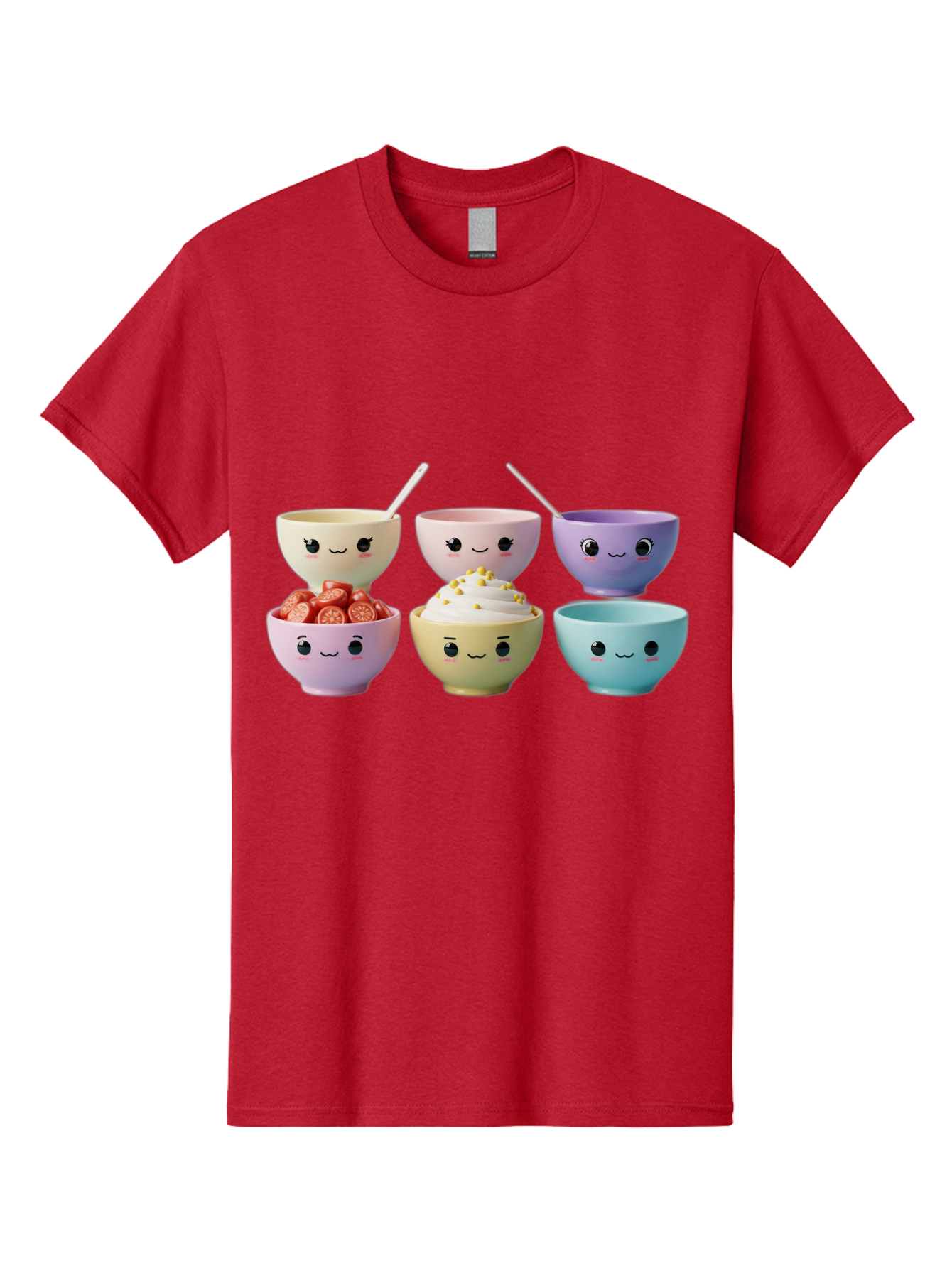 Cute-Bowls Men'S Graphic Tee, 100% Cotton, Comfortable Casual Summer Wear, Machine Washable, Cute Bowls, Dessert Bowls, Ice Cream Bowls, Cartoon Faces, Pastel Colors, Smiling Bowls, Food Bowls, Sweet Treats, Yogurt Bowls, Cartoon Desserts Baa432