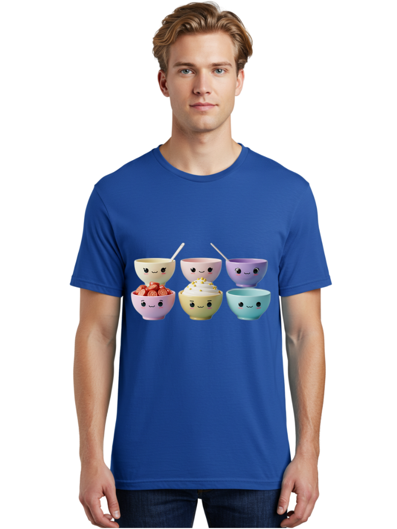 Cute-Bowls Men'S Graphic Tee, 100% Cotton, Comfortable Casual Summer Wear, Machine Washable, Cute Bowls, Dessert Bowls, Ice Cream Bowls, Cartoon Faces, Pastel Colors, Smiling Bowls, Food Bowls, Sweet Treats, Yogurt Bowls, Cartoon Desserts Baa432