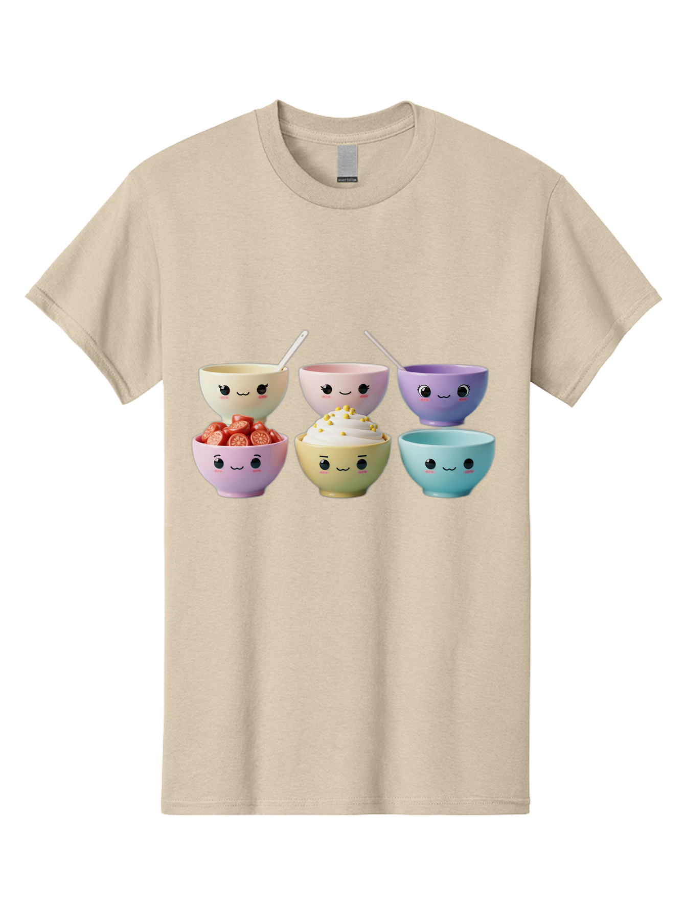 Cute-Bowls Men'S Graphic Tee, 100% Cotton, Comfortable Casual Summer Wear, Machine Washable, Cute Bowls, Dessert Bowls, Ice Cream Bowls, Cartoon Faces, Pastel Colors, Smiling Bowls, Food Bowls, Sweet Treats, Yogurt Bowls, Cartoon Desserts Baa432