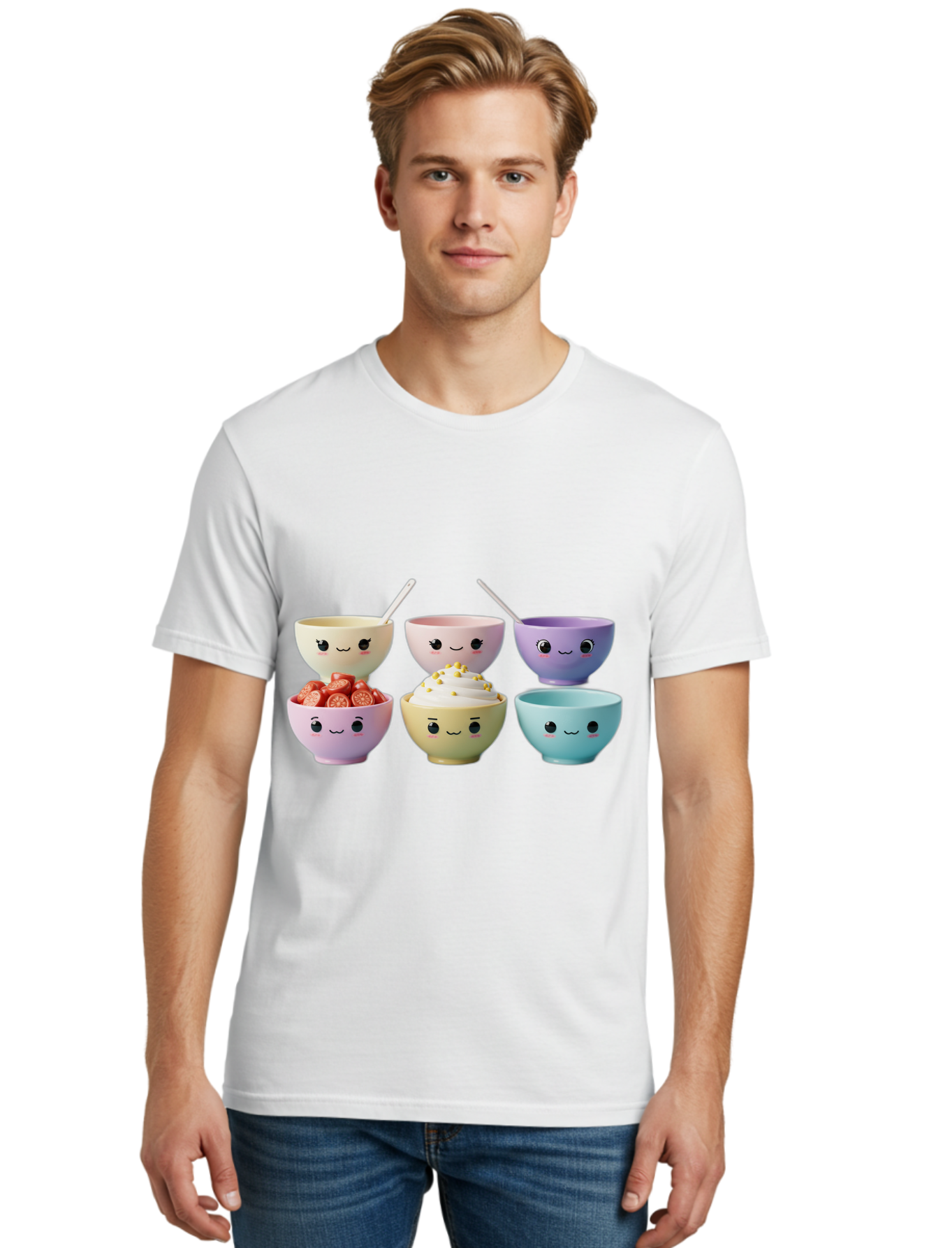 Cute-Bowls Men'S Graphic Tee, 100% Cotton, Comfortable Casual Summer Wear, Machine Washable, Cute Bowls, Dessert Bowls, Ice Cream Bowls, Cartoon Faces, Pastel Colors, Smiling Bowls, Food Bowls, Sweet Treats, Yogurt Bowls, Cartoon Desserts Baa432