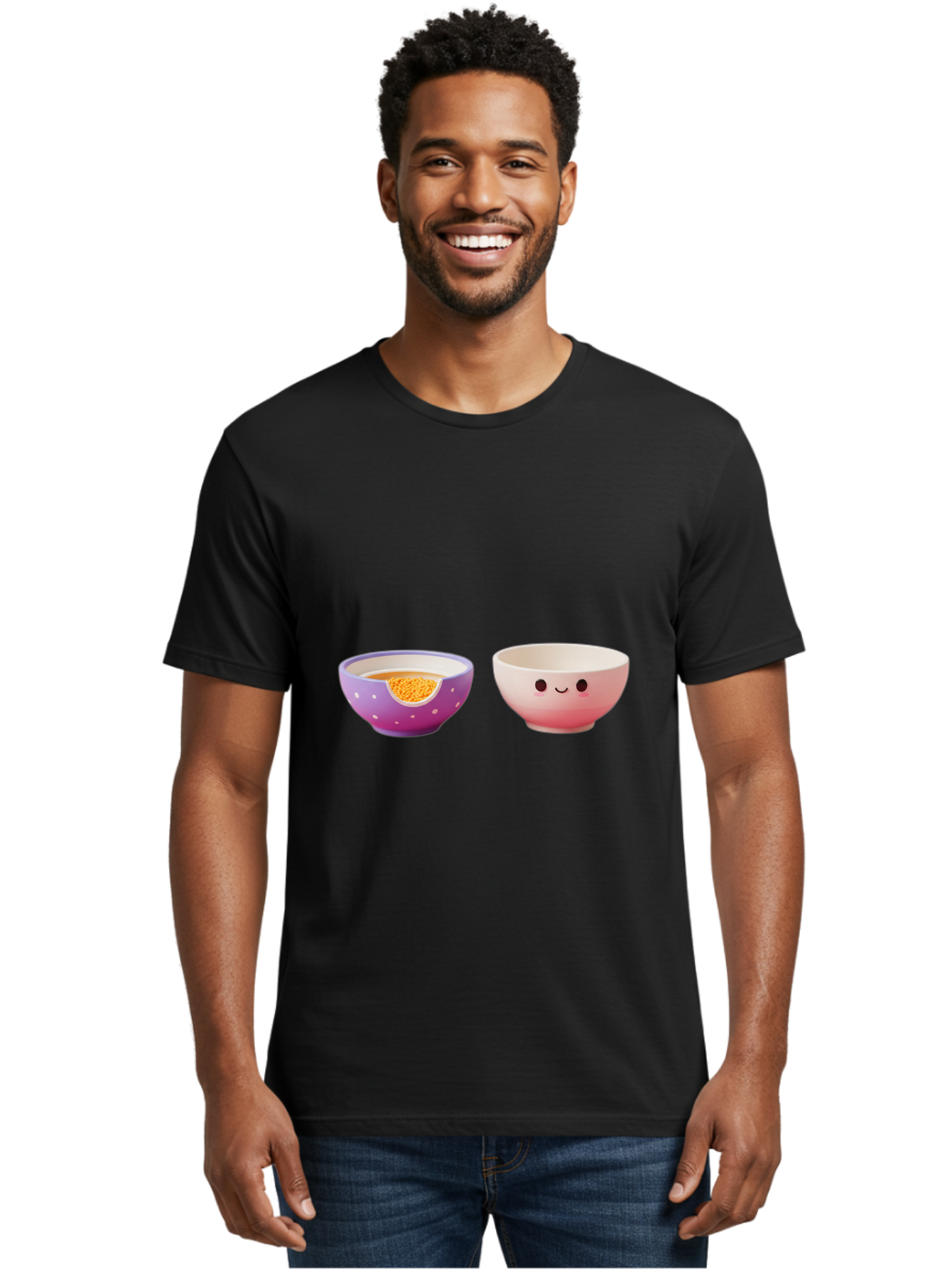 Cute-Ceramic-Bowls Men'S Graphic Tee, 100% Cotton, Comfortable Casual Summer Wear, Machine Washable, Kawaii Bowls, Happy Face, Cartoon Design, Ceramic Bowls, Minimalist Art, Cute Kitchenware, Breakfast Bowls, Dessert Bowls, Funny Faces, Baa433