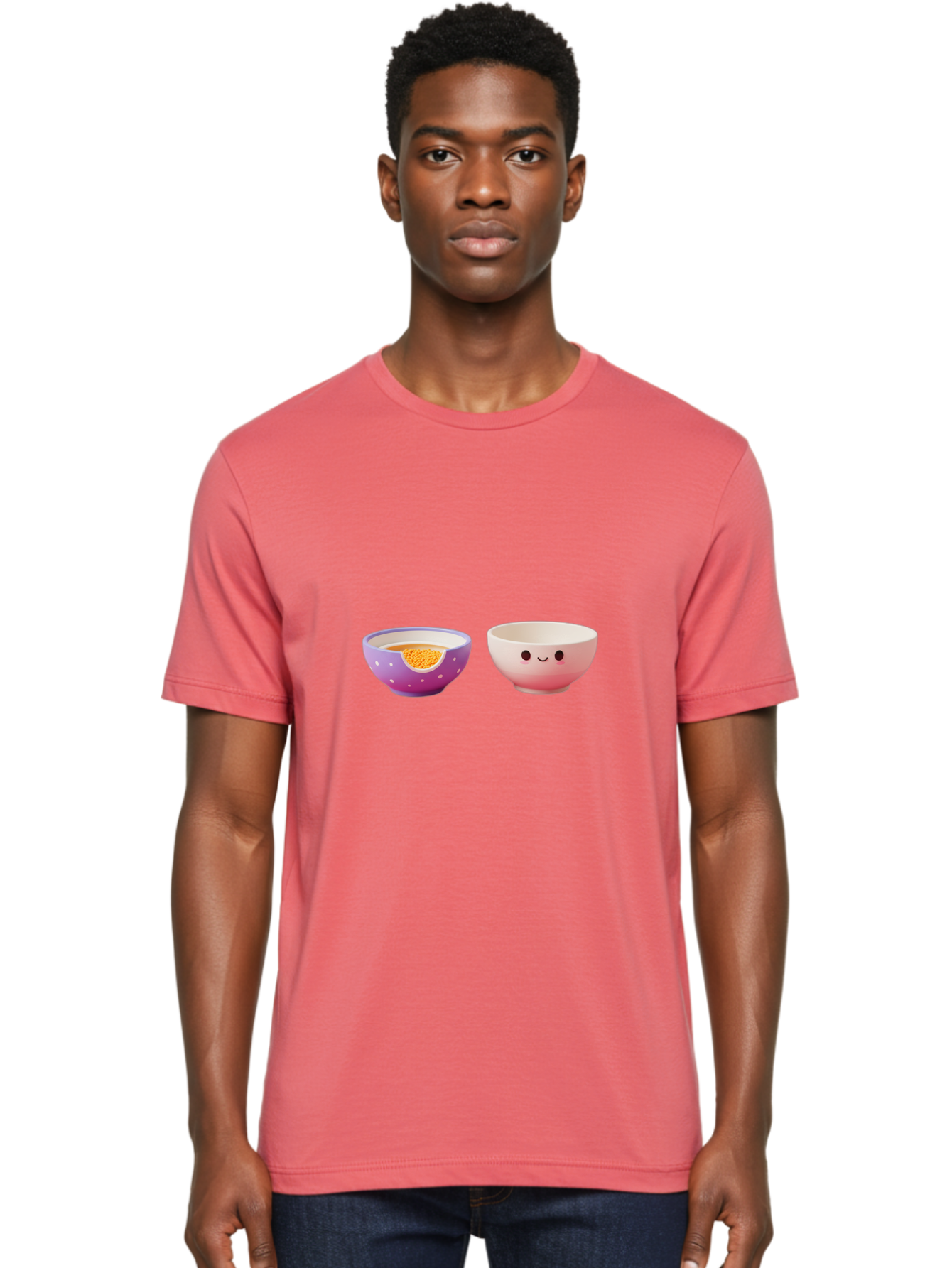 Cute-Ceramic-Bowls Men'S Graphic Tee, 100% Cotton, Comfortable Casual Summer Wear, Machine Washable, Kawaii Bowls, Happy Face, Cartoon Design, Ceramic Bowls, Minimalist Art, Cute Kitchenware, Breakfast Bowls, Dessert Bowls, Funny Faces, Baa433