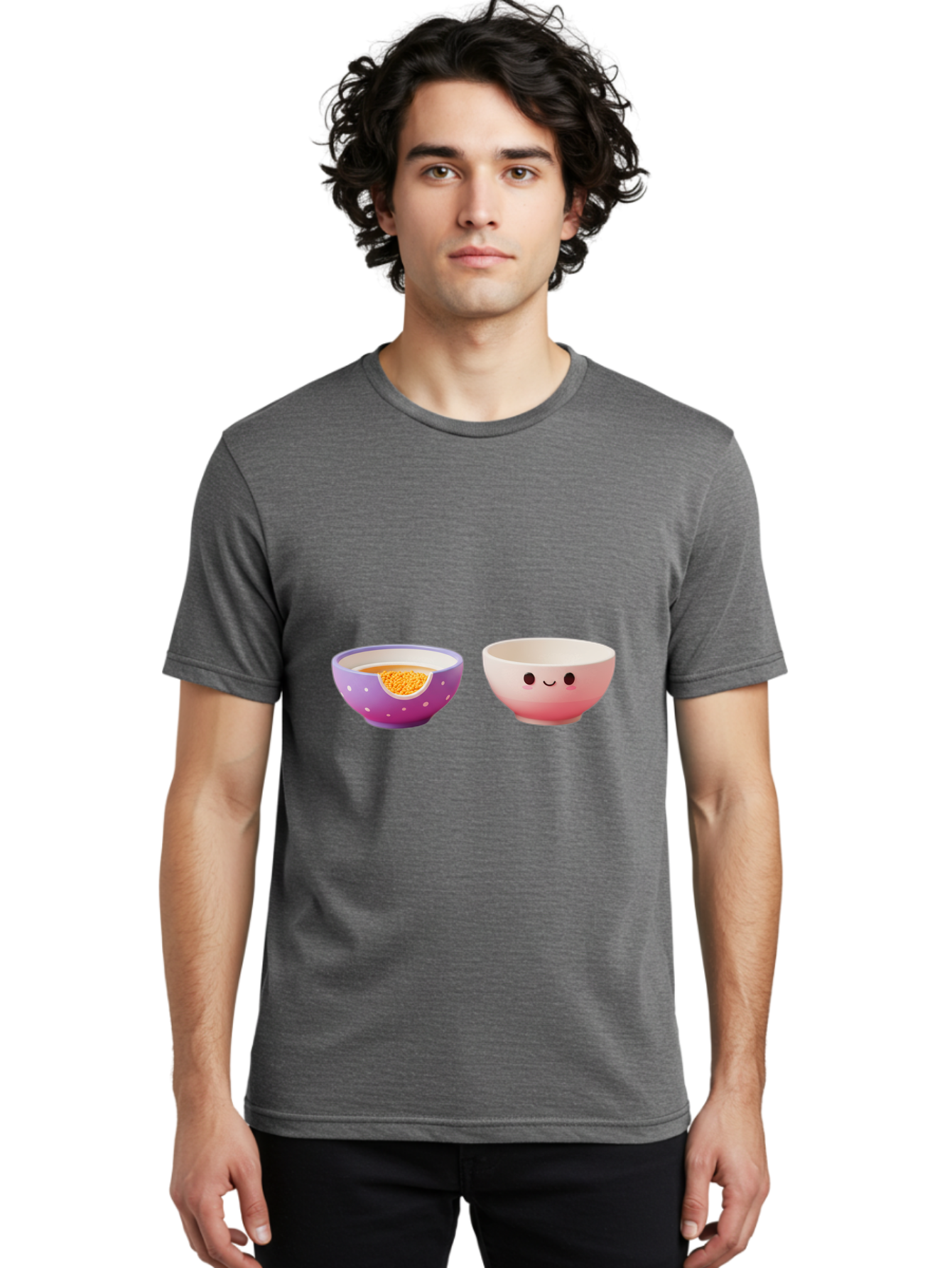 Cute-Ceramic-Bowls Men'S Graphic Tee, 100% Cotton, Comfortable Casual Summer Wear, Machine Washable, Kawaii Bowls, Happy Face, Cartoon Design, Ceramic Bowls, Minimalist Art, Cute Kitchenware, Breakfast Bowls, Dessert Bowls, Funny Faces, Baa433