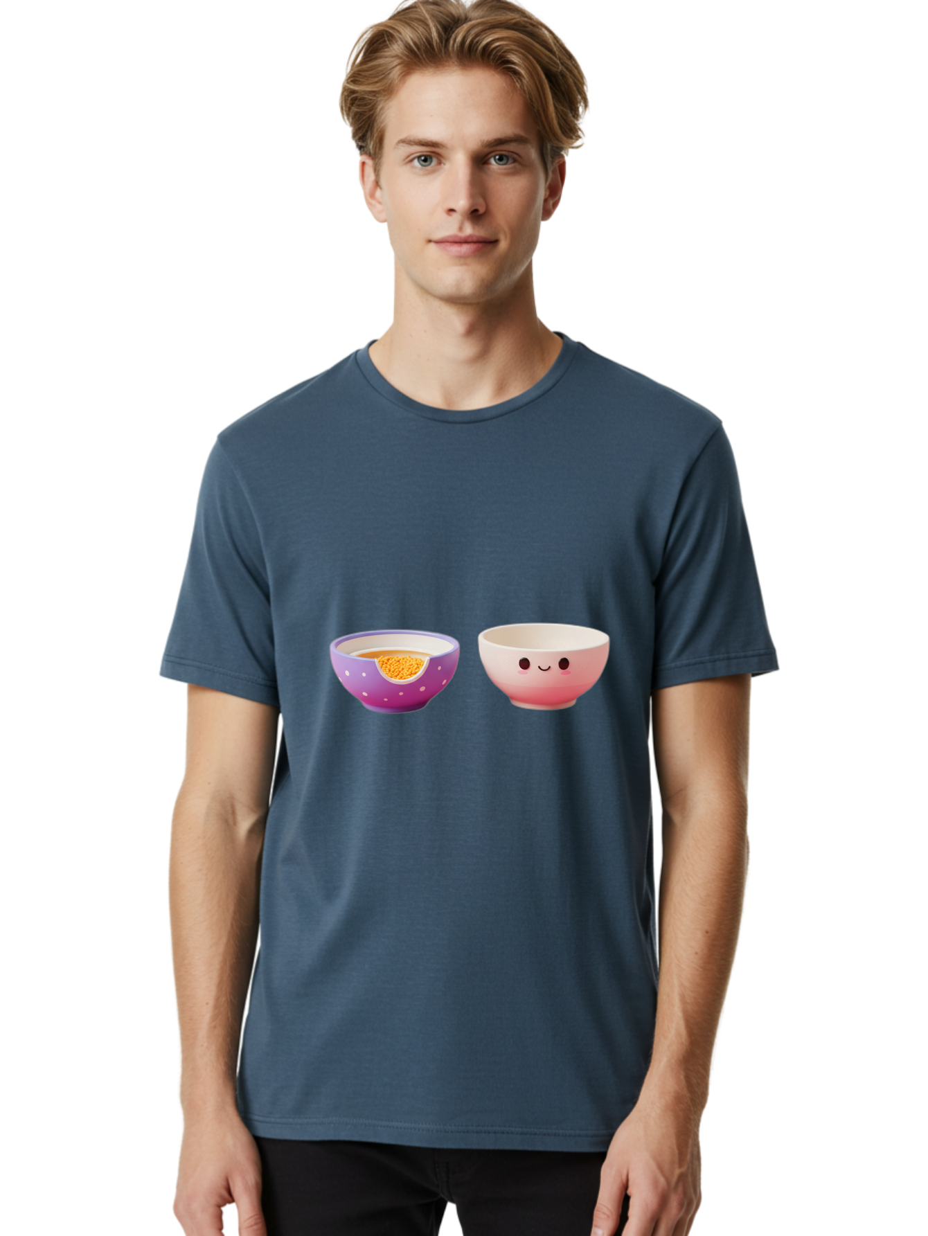 Cute-Ceramic-Bowls Men'S Graphic Tee, 100% Cotton, Comfortable Casual Summer Wear, Machine Washable, Kawaii Bowls, Happy Face, Cartoon Design, Ceramic Bowls, Minimalist Art, Cute Kitchenware, Breakfast Bowls, Dessert Bowls, Funny Faces, Baa433