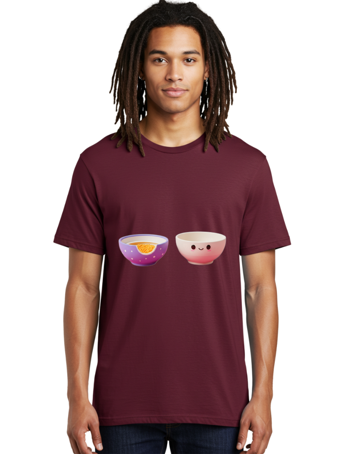Cute-Ceramic-Bowls Men'S Graphic Tee, 100% Cotton, Comfortable Casual Summer Wear, Machine Washable, Kawaii Bowls, Happy Face, Cartoon Design, Ceramic Bowls, Minimalist Art, Cute Kitchenware, Breakfast Bowls, Dessert Bowls, Funny Faces, Baa433