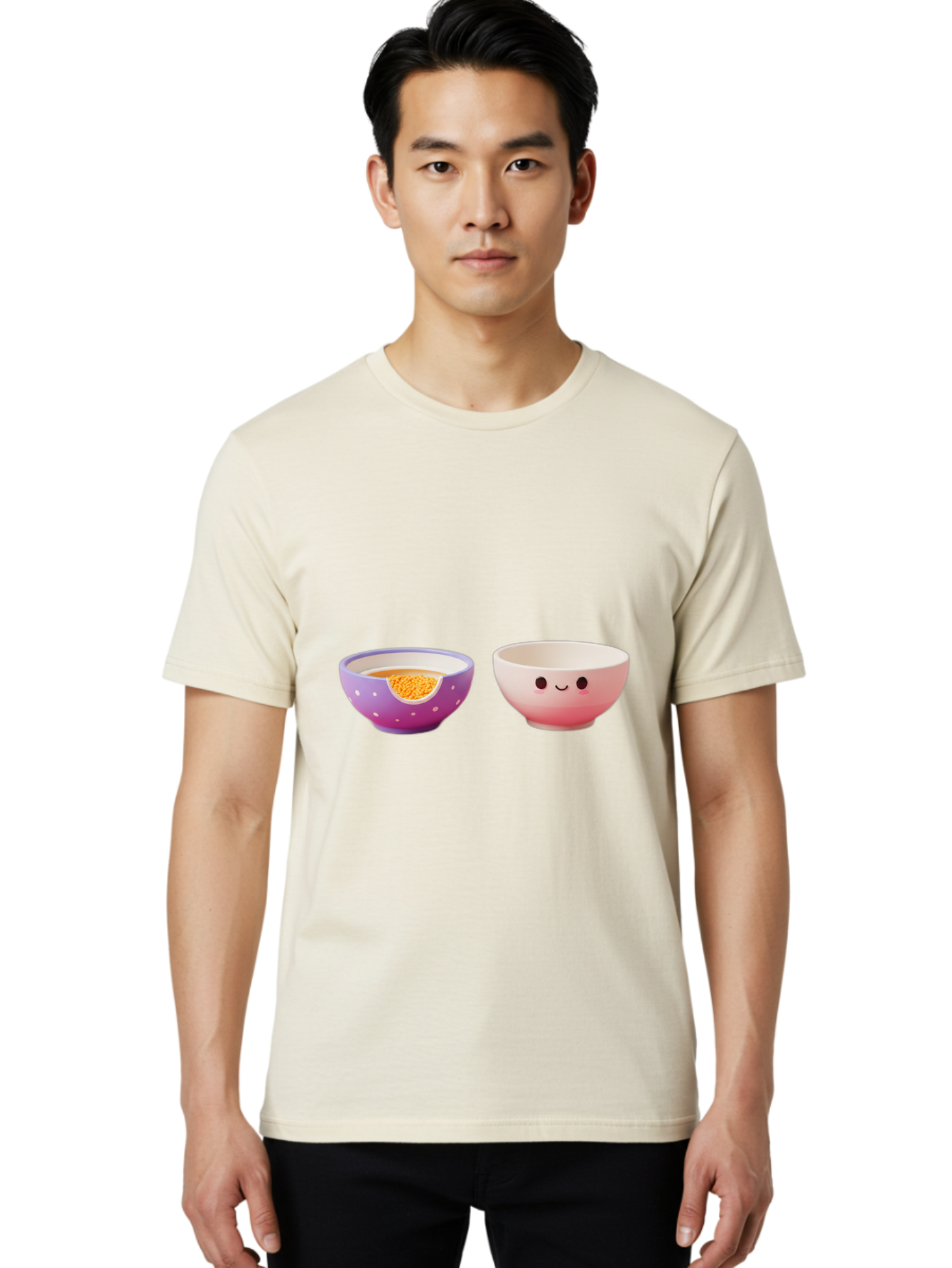 Cute-Ceramic-Bowls Men'S Graphic Tee, 100% Cotton, Comfortable Casual Summer Wear, Machine Washable, Kawaii Bowls, Happy Face, Cartoon Design, Ceramic Bowls, Minimalist Art, Cute Kitchenware, Breakfast Bowls, Dessert Bowls, Funny Faces, Baa433