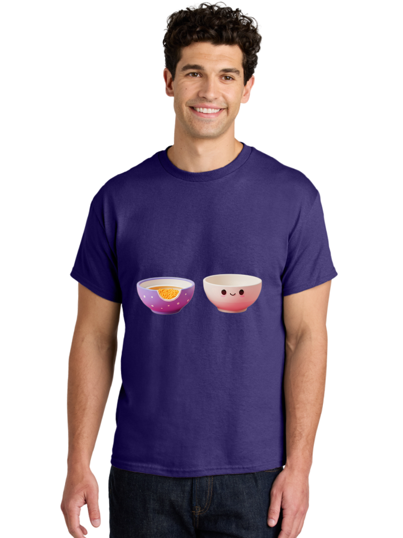 Cute-Ceramic-Bowls Men'S Graphic Tee, 100% Cotton, Comfortable Casual Summer Wear, Machine Washable, Kawaii Bowls, Happy Face, Cartoon Design, Ceramic Bowls, Minimalist Art, Cute Kitchenware, Breakfast Bowls, Dessert Bowls, Funny Faces, Baa433