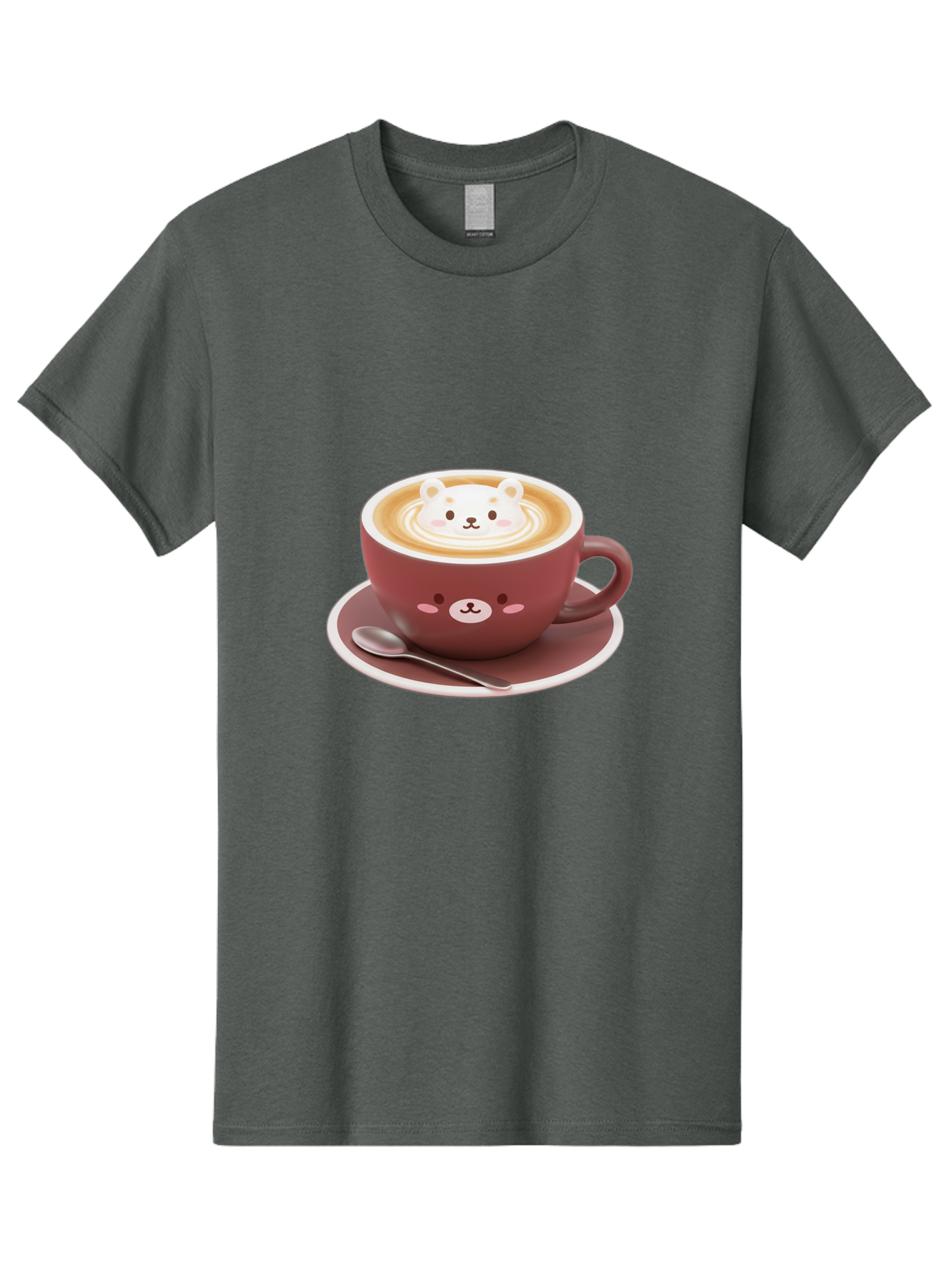 Cute-Coffee-Bear Men'S Graphic Tee, 100% Cotton, Comfortable Casual Summer Wear, Machine Washable, Coffee Latte Art, Bear Design, Cartoon Character, Coffee Cup, Saucer, Spoon, Cute Illustration, Kawaii, Morning Coffee, Bear Face Baa434