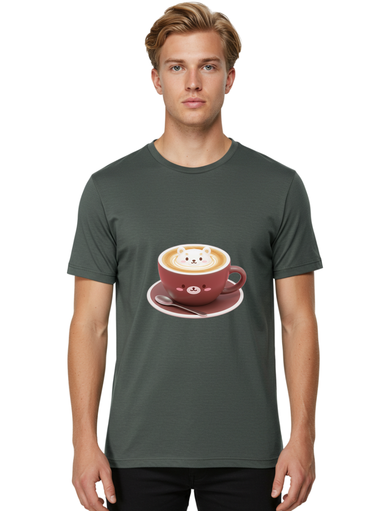 Cute-Coffee-Bear Men'S Graphic Tee, 100% Cotton, Comfortable Casual Summer Wear, Machine Washable, Coffee Latte Art, Bear Design, Cartoon Character, Coffee Cup, Saucer, Spoon, Cute Illustration, Kawaii, Morning Coffee, Bear Face Baa434