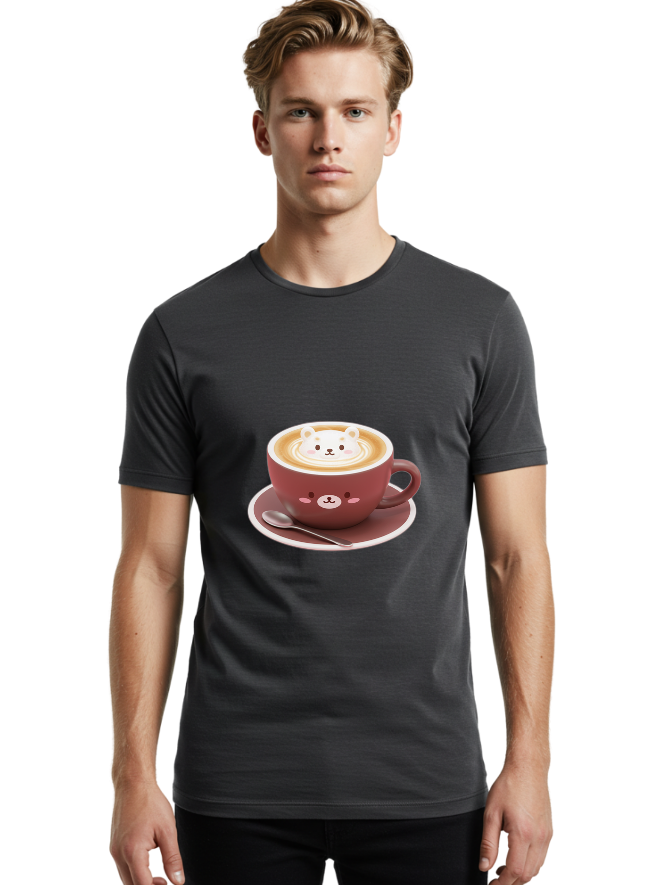 Cute-Coffee-Bear Men'S Graphic Tee, 100% Cotton, Comfortable Casual Summer Wear, Machine Washable, Coffee Latte Art, Bear Design, Cartoon Character, Coffee Cup, Saucer, Spoon, Cute Illustration, Kawaii, Morning Coffee, Bear Face Baa434