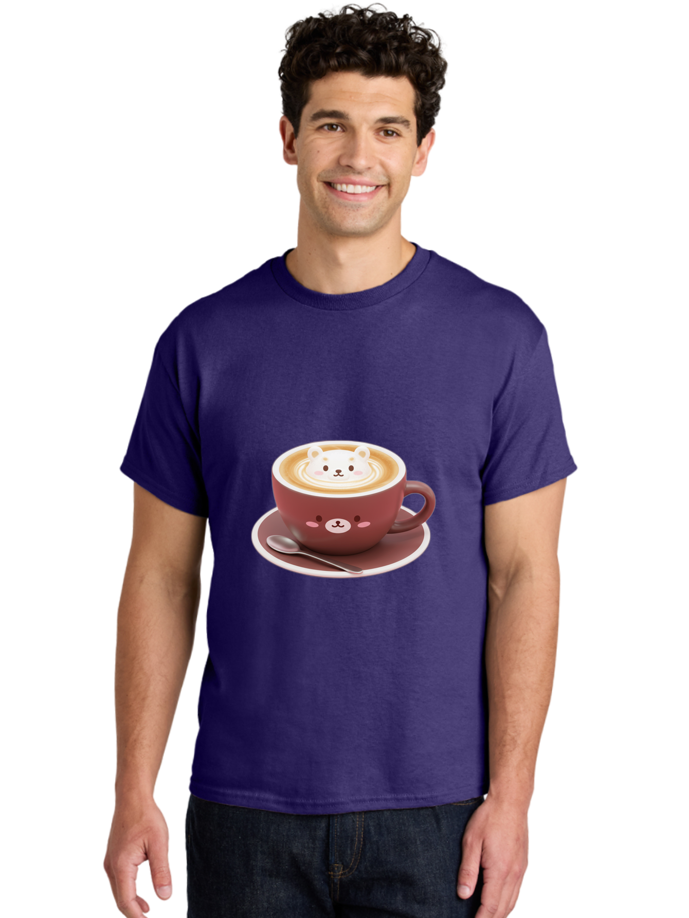 Cute-Coffee-Bear Men'S Graphic Tee, 100% Cotton, Comfortable Casual Summer Wear, Machine Washable, Coffee Latte Art, Bear Design, Cartoon Character, Coffee Cup, Saucer, Spoon, Cute Illustration, Kawaii, Morning Coffee, Bear Face Baa434