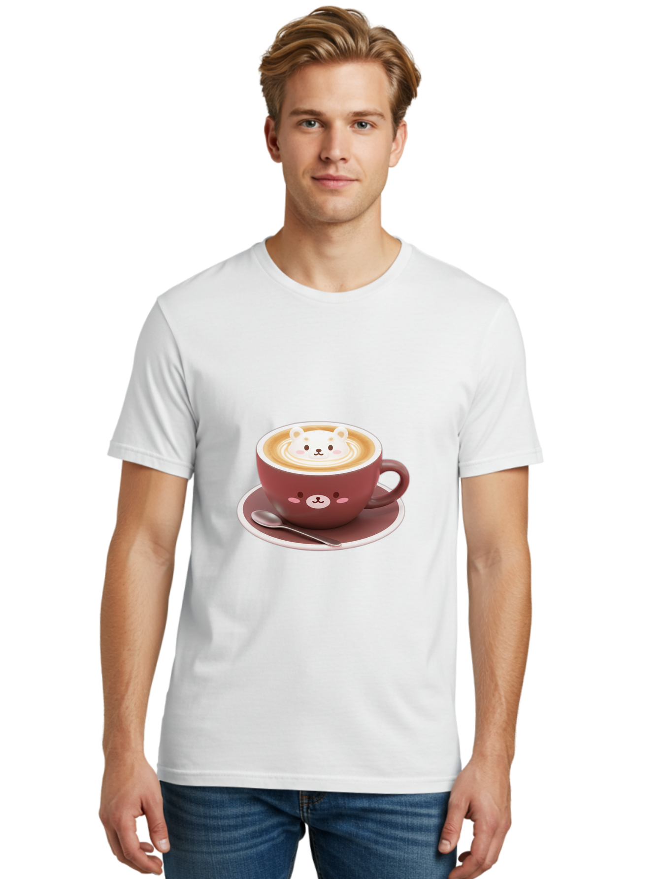 Cute-Coffee-Bear Men'S Graphic Tee, 100% Cotton, Comfortable Casual Summer Wear, Machine Washable, Coffee Latte Art, Bear Design, Cartoon Character, Coffee Cup, Saucer, Spoon, Cute Illustration, Kawaii, Morning Coffee, Bear Face Baa434