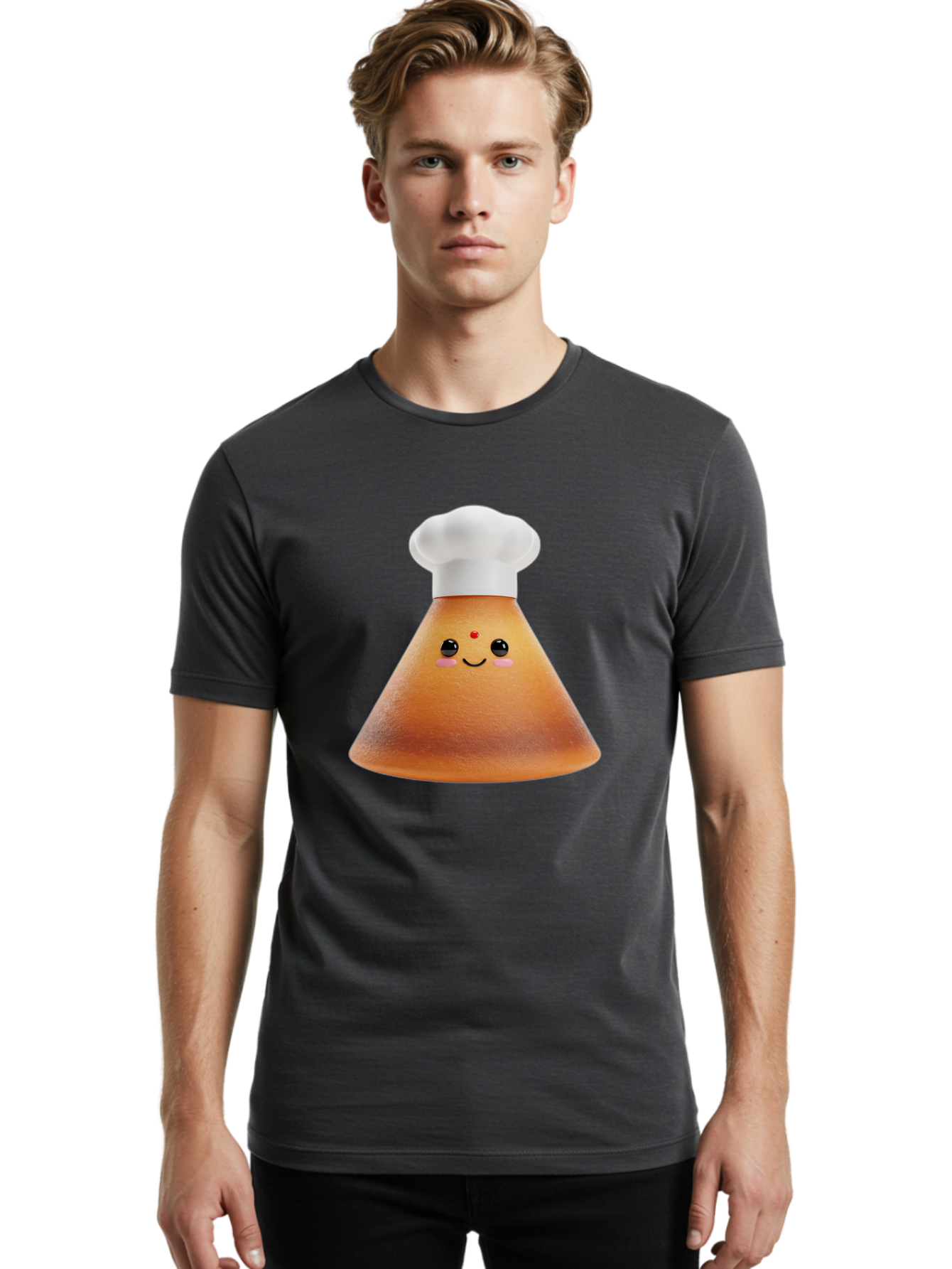 Cute-Cone-Dosa Men'S Graphic Tee, 100% Cotton, Comfortable Casual Summer Wear, Machine Washable, Cartoon Character, Indian Cuisine, Chef Hat, Conical Shape, Smiling Face, Red Bindi, Cute Expression, Rosy Cheeks, Playful Vibe, Baa435