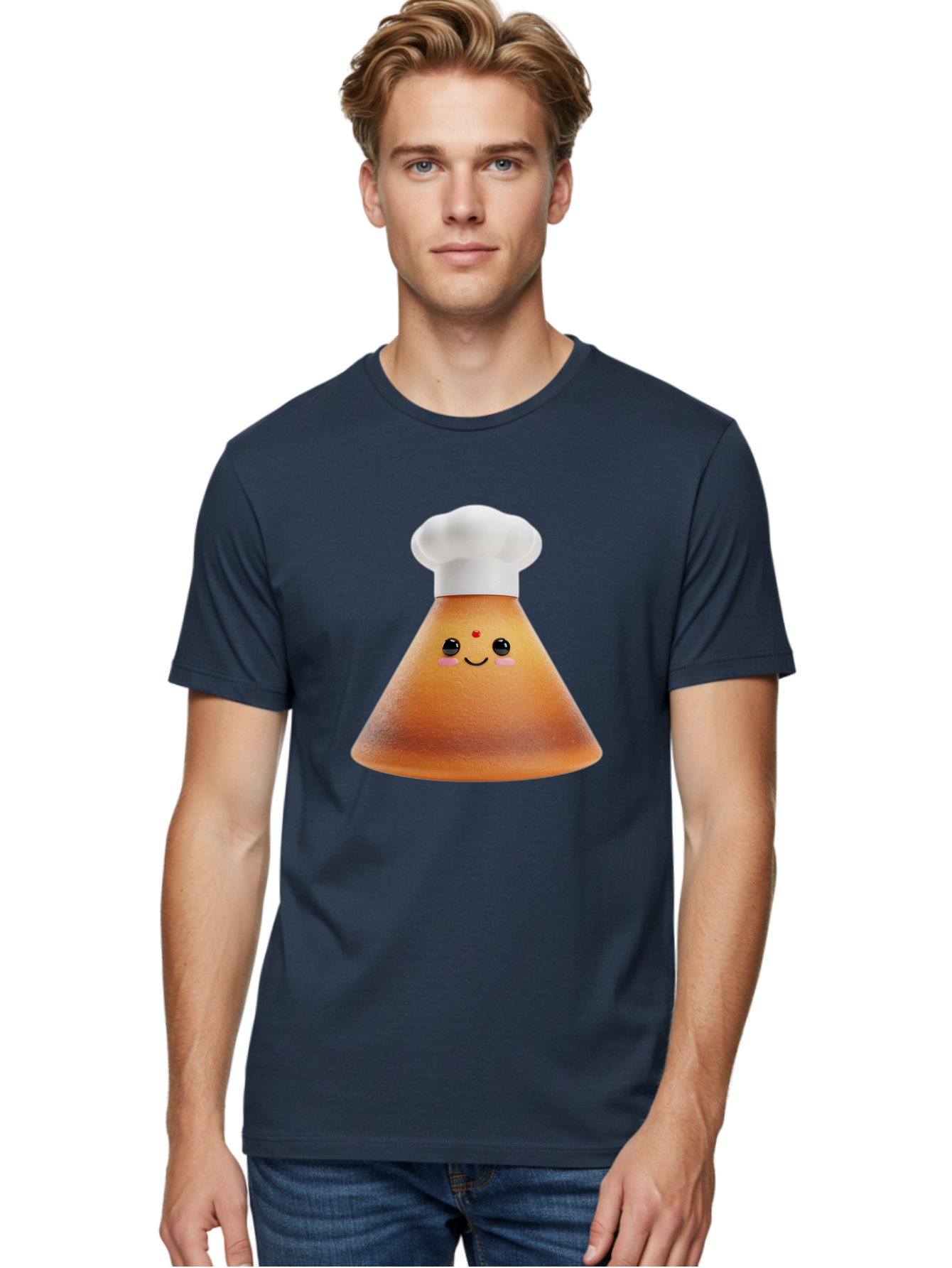 Cute-Cone-Dosa Men'S Graphic Tee, 100% Cotton, Comfortable Casual Summer Wear, Machine Washable, Cartoon Character, Indian Cuisine, Chef Hat, Conical Shape, Smiling Face, Red Bindi, Cute Expression, Rosy Cheeks, Playful Vibe, Baa435