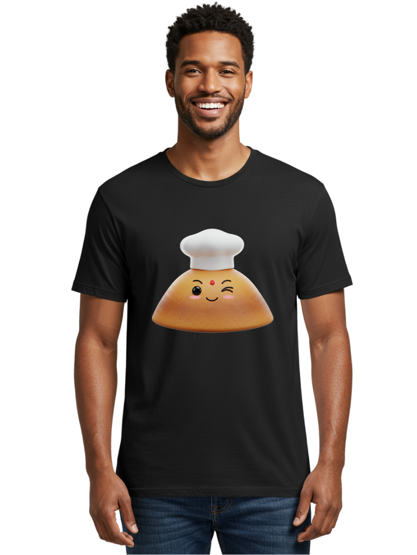Cute-Dosa Men'S Graphic Tee, 100% Cotton, Comfortable Casual Summer Wear, Machine Washable, Cartoon Samosa, Chef Hat, Smiling Face, Cute Character, Playful Design, Food Illustration, Winking Eye, Red Bindi, Rosy Cheeks, Whimsical Art Baa436