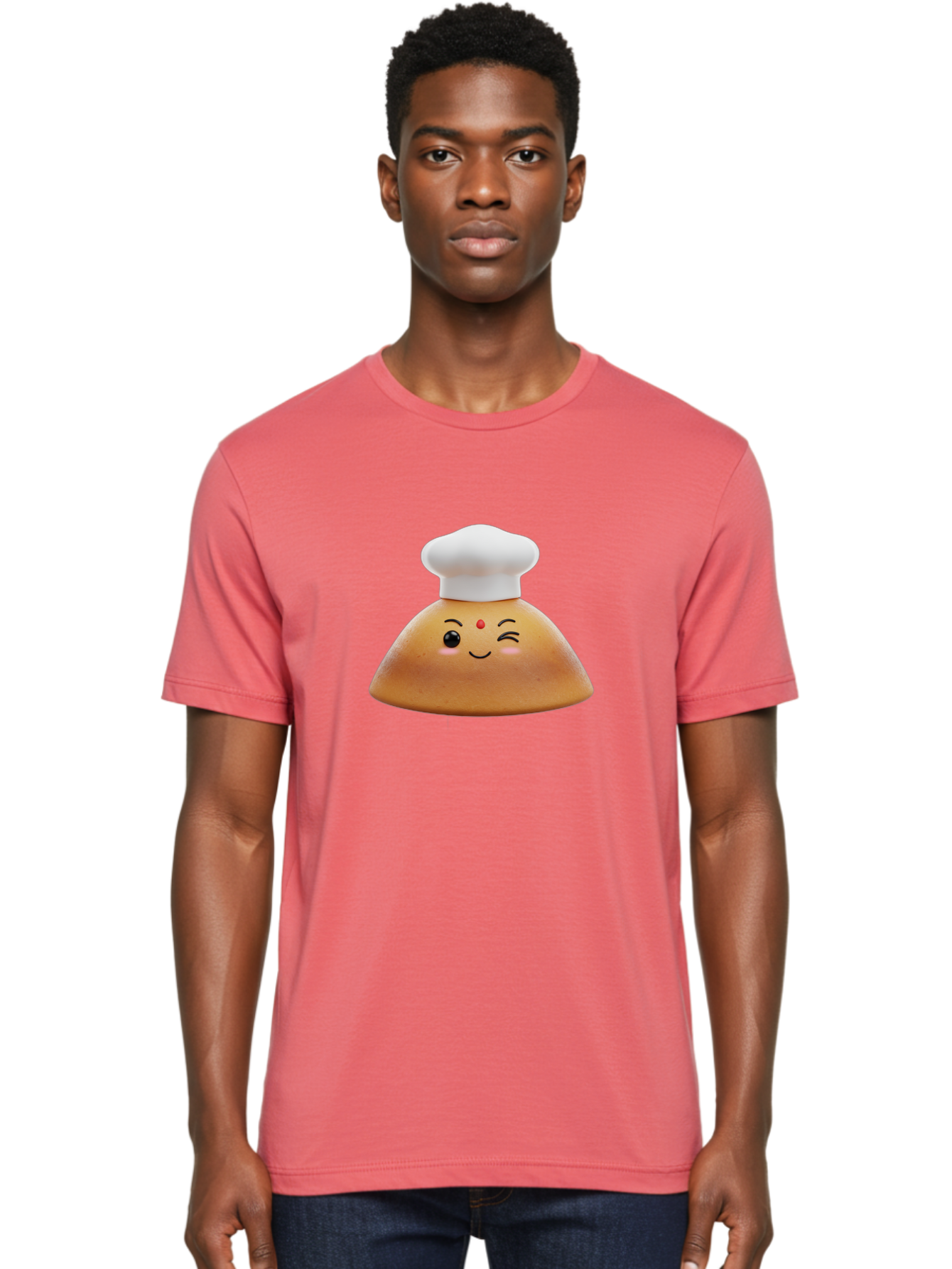 Cute-Dosa Men'S Graphic Tee, 100% Cotton, Comfortable Casual Summer Wear, Machine Washable, Cartoon Samosa, Chef Hat, Smiling Face, Cute Character, Playful Design, Food Illustration, Winking Eye, Red Bindi, Rosy Cheeks, Whimsical Art Baa436