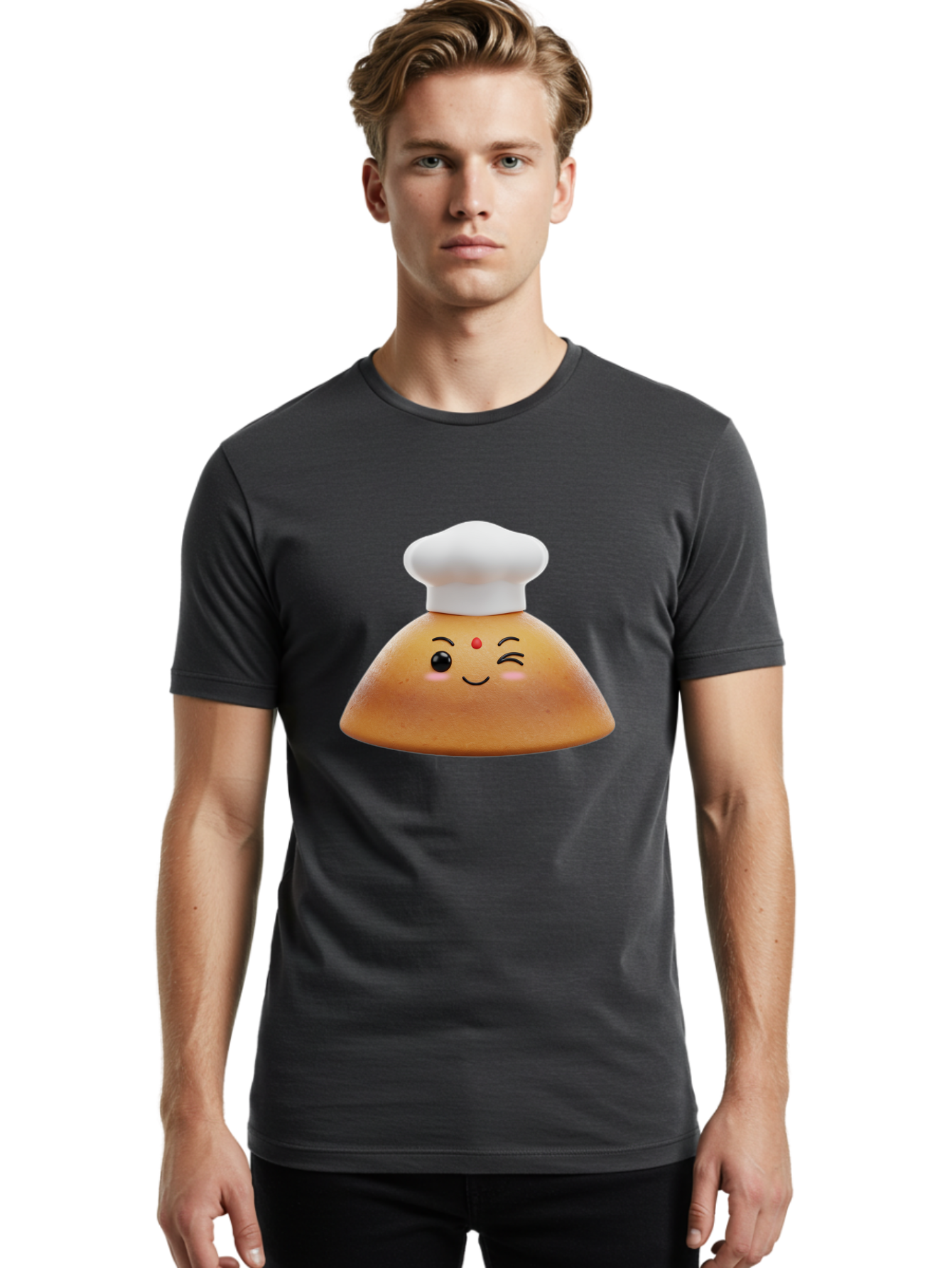 Cute-Dosa Men'S Graphic Tee, 100% Cotton, Comfortable Casual Summer Wear, Machine Washable, Cartoon Samosa, Chef Hat, Smiling Face, Cute Character, Playful Design, Food Illustration, Winking Eye, Red Bindi, Rosy Cheeks, Whimsical Art Baa436