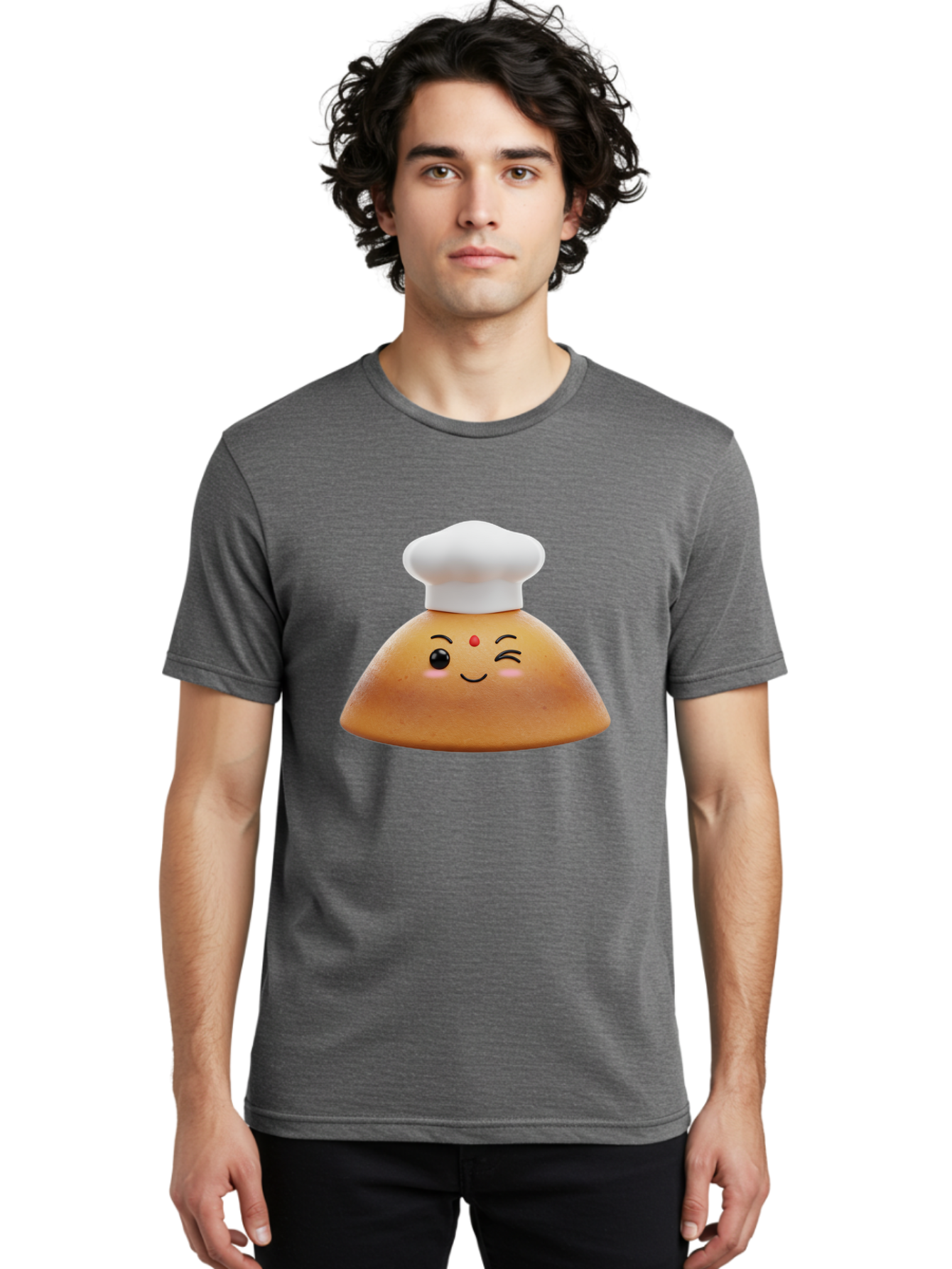 Cute-Dosa Men'S Graphic Tee, 100% Cotton, Comfortable Casual Summer Wear, Machine Washable, Cartoon Samosa, Chef Hat, Smiling Face, Cute Character, Playful Design, Food Illustration, Winking Eye, Red Bindi, Rosy Cheeks, Whimsical Art Baa436