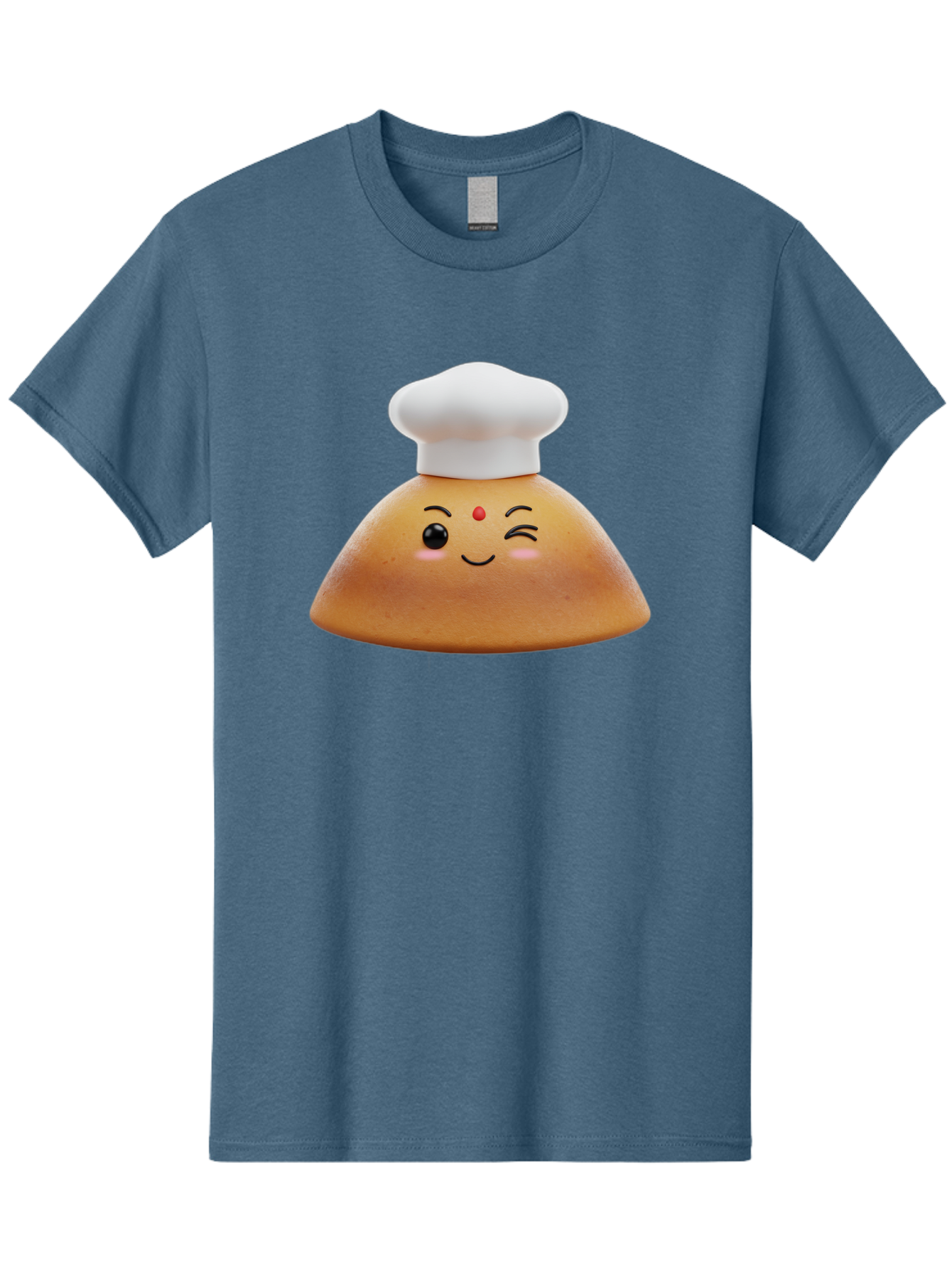 Cute-Dosa Men'S Graphic Tee, 100% Cotton, Comfortable Casual Summer Wear, Machine Washable, Cartoon Samosa, Chef Hat, Smiling Face, Cute Character, Playful Design, Food Illustration, Winking Eye, Red Bindi, Rosy Cheeks, Whimsical Art Baa436