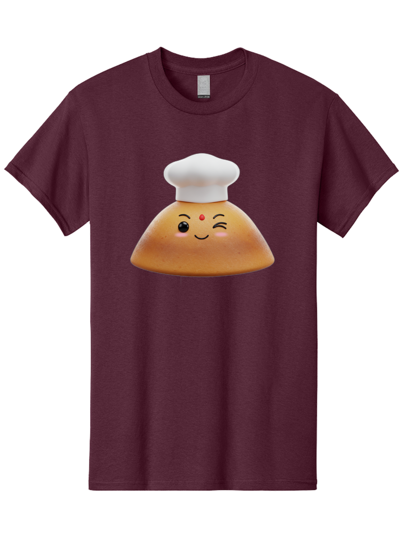 Cute-Dosa Men'S Graphic Tee, 100% Cotton, Comfortable Casual Summer Wear, Machine Washable, Cartoon Samosa, Chef Hat, Smiling Face, Cute Character, Playful Design, Food Illustration, Winking Eye, Red Bindi, Rosy Cheeks, Whimsical Art Baa436