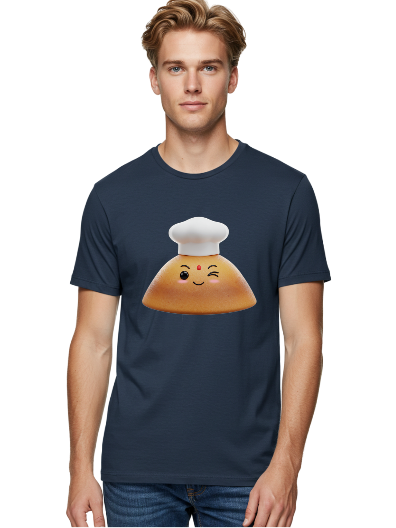 Cute-Dosa Men'S Graphic Tee, 100% Cotton, Comfortable Casual Summer Wear, Machine Washable, Cartoon Samosa, Chef Hat, Smiling Face, Cute Character, Playful Design, Food Illustration, Winking Eye, Red Bindi, Rosy Cheeks, Whimsical Art Baa436