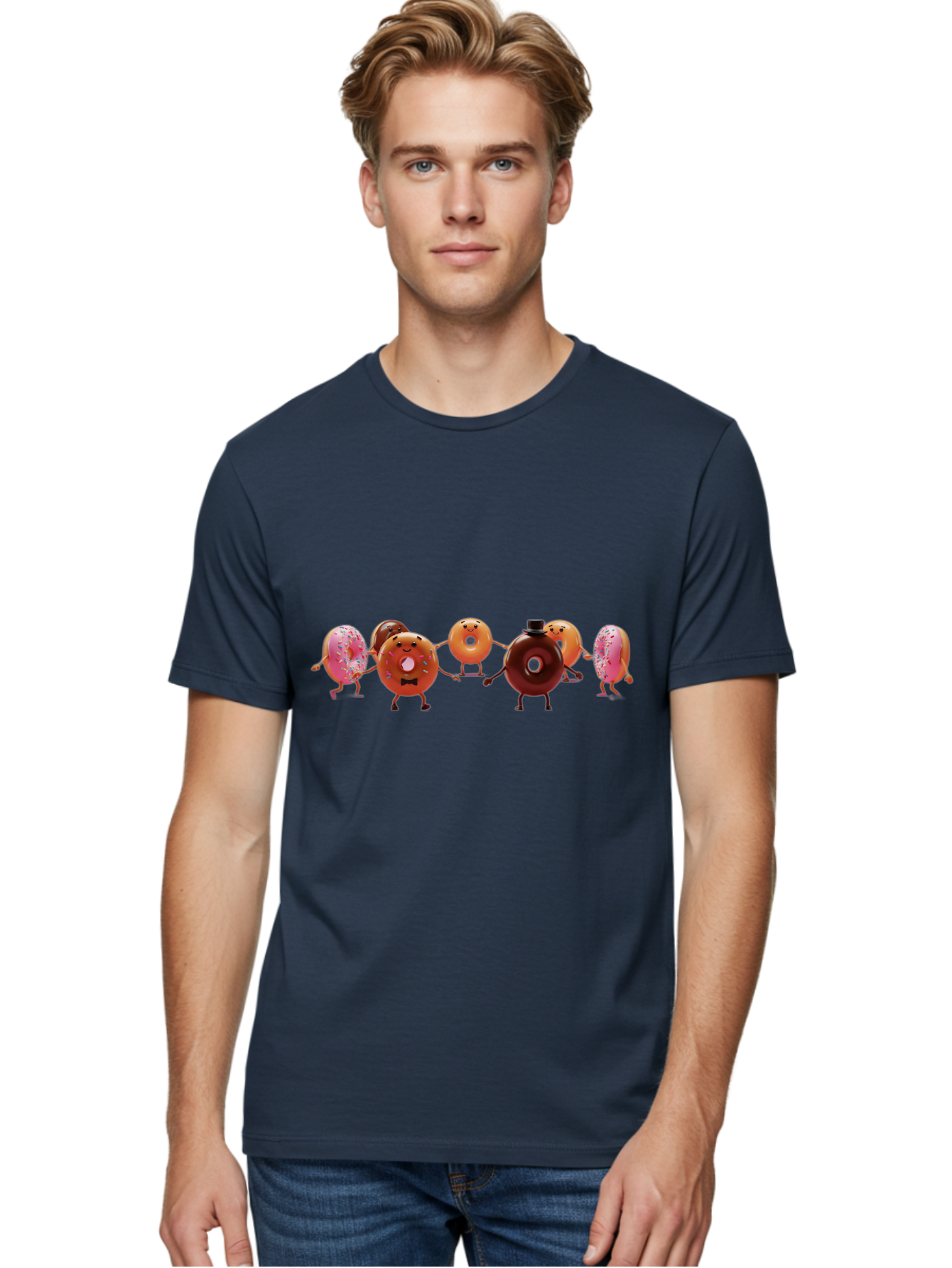 Dancing-Donuts Men'S Graphic Tee, 100% Cotton, Comfortable Casual Summer Wear, Machine Washable, Anthropomorphic Donuts, Donut Characters, Dancing Donuts, Sweet Treats, Tasty Pastries, Donut Party, Funny Donuts, Cartoon Donuts, Playful Donuts, Baa439
