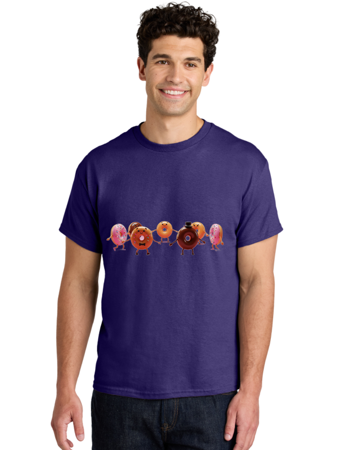 Dancing-Donuts Men'S Graphic Tee, 100% Cotton, Comfortable Casual Summer Wear, Machine Washable, Anthropomorphic Donuts, Donut Characters, Dancing Donuts, Sweet Treats, Tasty Pastries, Donut Party, Funny Donuts, Cartoon Donuts, Playful Donuts, Baa439