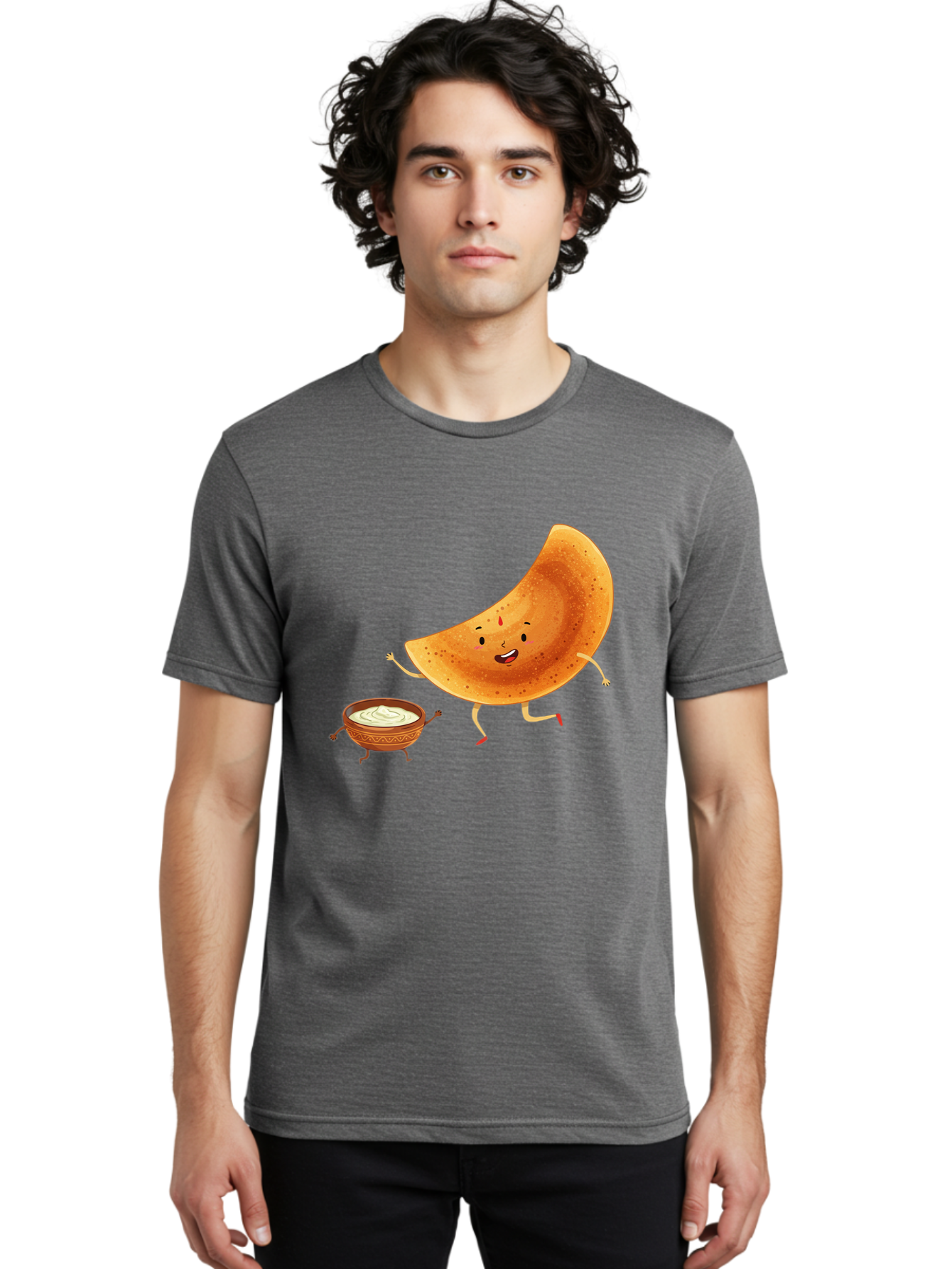 Dancing-Dosa Men'S Graphic Tee, 100% Cotton, Comfortable Casual Summer Wear, Machine Washable, Happy Papadum, Cartoon Character, Papadum With Legs, Papadum And Chutney, Indian Cuisine, Smiling Papadum, Anthropomorphic Food, Baa440