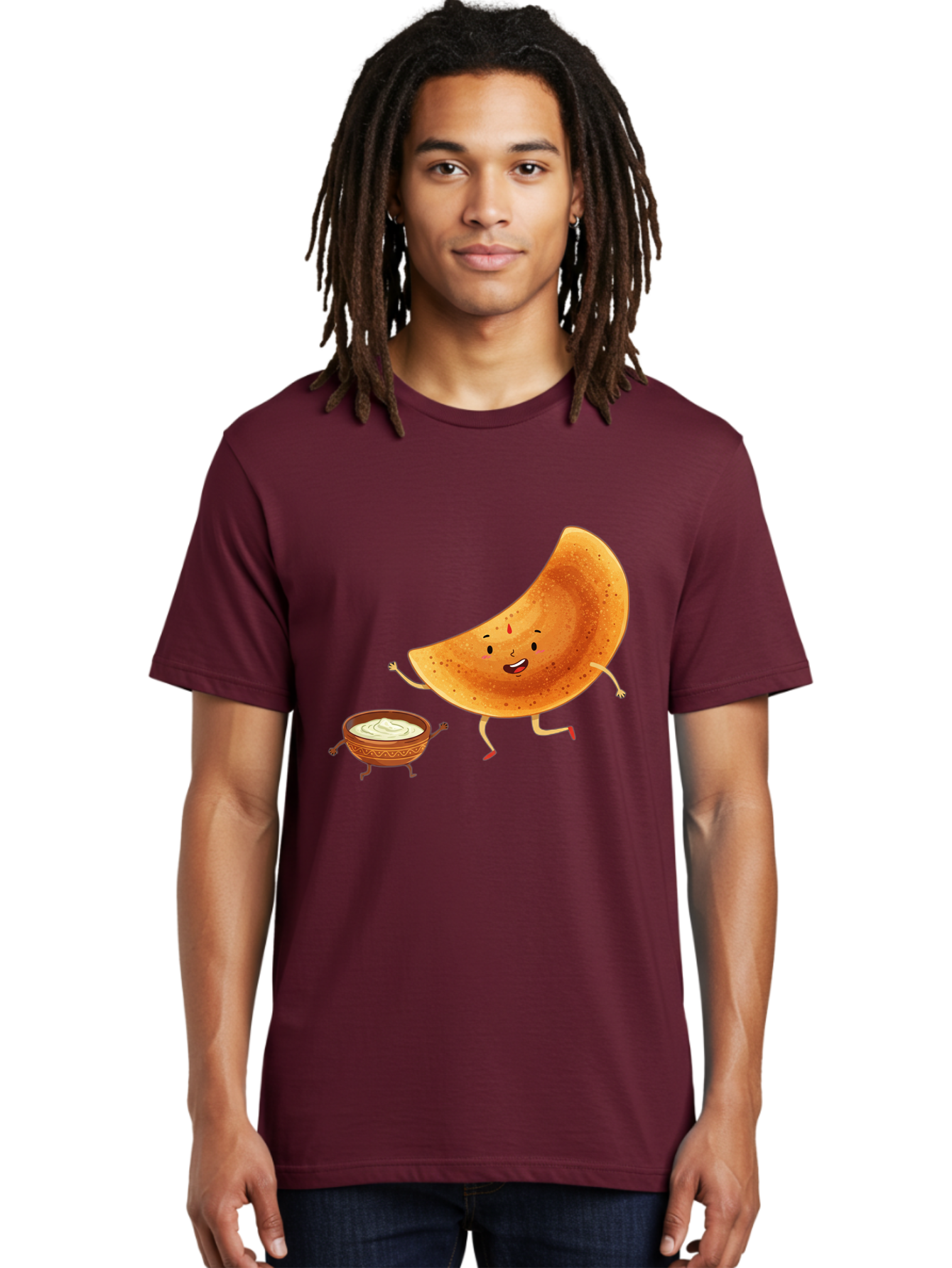Dancing-Dosa Men'S Graphic Tee, 100% Cotton, Comfortable Casual Summer Wear, Machine Washable, Happy Papadum, Cartoon Character, Papadum With Legs, Papadum And Chutney, Indian Cuisine, Smiling Papadum, Anthropomorphic Food, Baa440