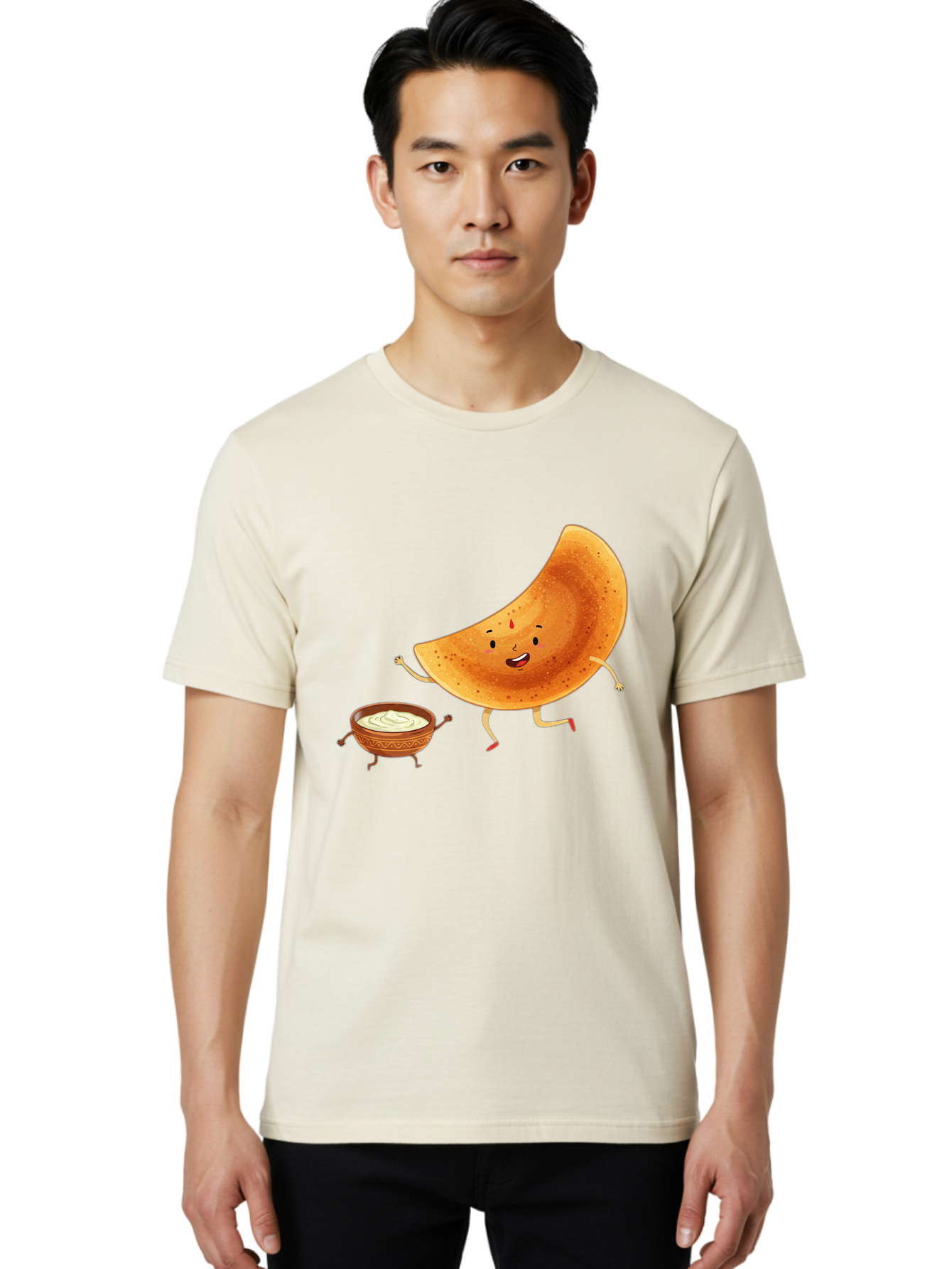 Dancing-Dosa Men'S Graphic Tee, 100% Cotton, Comfortable Casual Summer Wear, Machine Washable, Happy Papadum, Cartoon Character, Papadum With Legs, Papadum And Chutney, Indian Cuisine, Smiling Papadum, Anthropomorphic Food, Baa440