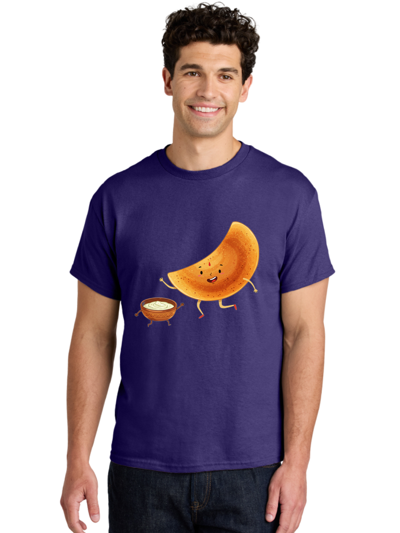 Dancing-Dosa Men'S Graphic Tee, 100% Cotton, Comfortable Casual Summer Wear, Machine Washable, Happy Papadum, Cartoon Character, Papadum With Legs, Papadum And Chutney, Indian Cuisine, Smiling Papadum, Anthropomorphic Food, Baa440