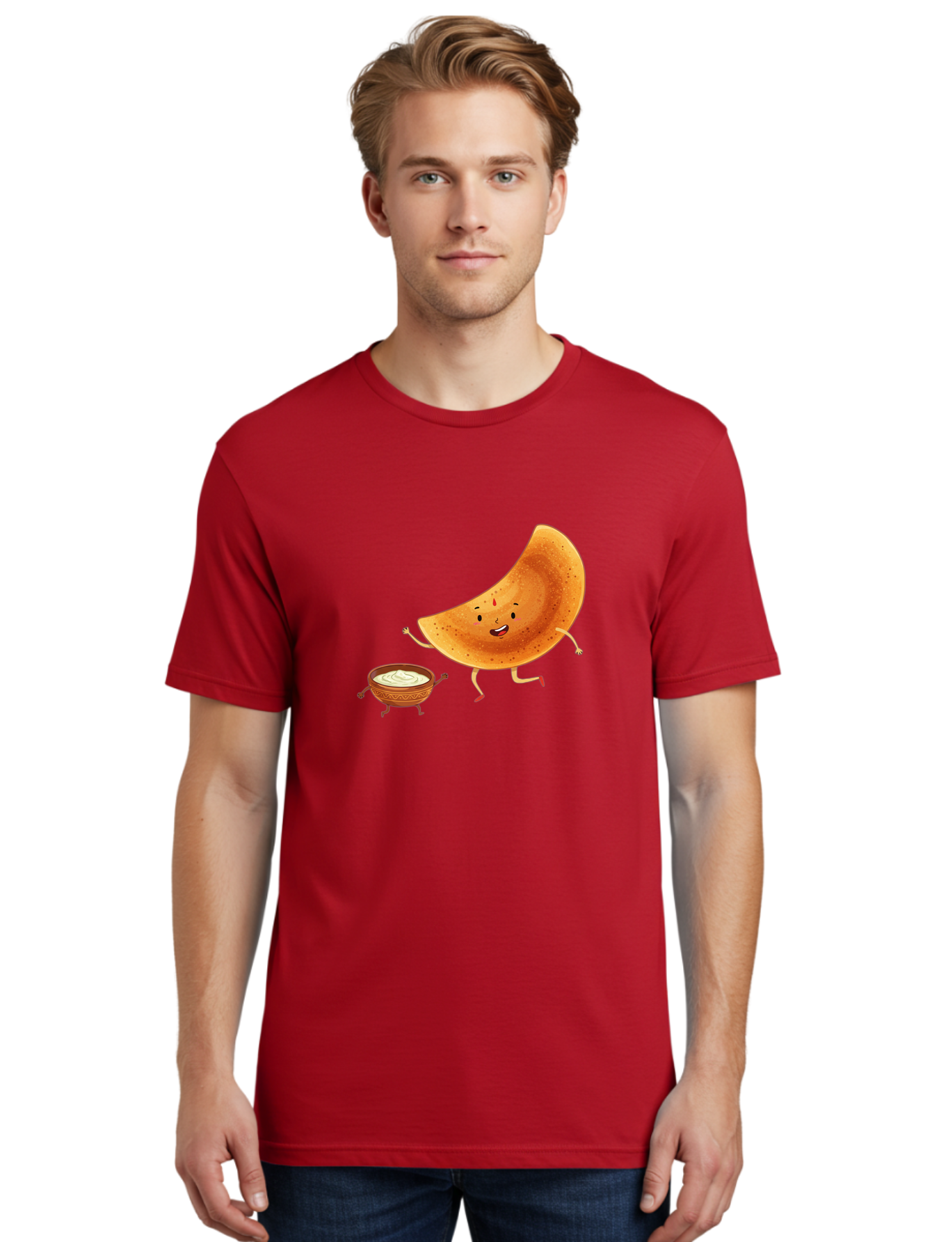 Dancing-Dosa Men'S Graphic Tee, 100% Cotton, Comfortable Casual Summer Wear, Machine Washable, Happy Papadum, Cartoon Character, Papadum With Legs, Papadum And Chutney, Indian Cuisine, Smiling Papadum, Anthropomorphic Food, Baa440