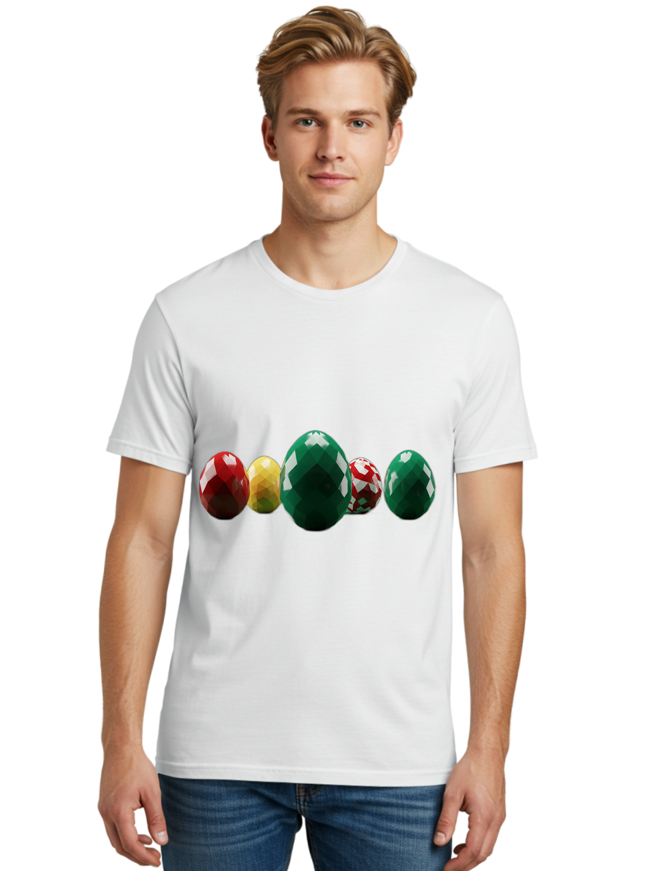 Diamond-Easter-Eggs Men'S Graphic Tee, 100% Cotton, Comfortable Casual Summer Wear, Machine Washable, Diamond Eggs, Easter Eggs, Jewelry Eggs, Colorful Eggs, Faceted Eggs, Decorative Eggs, Shiny Eggs, Gemstone Eggs Baa448