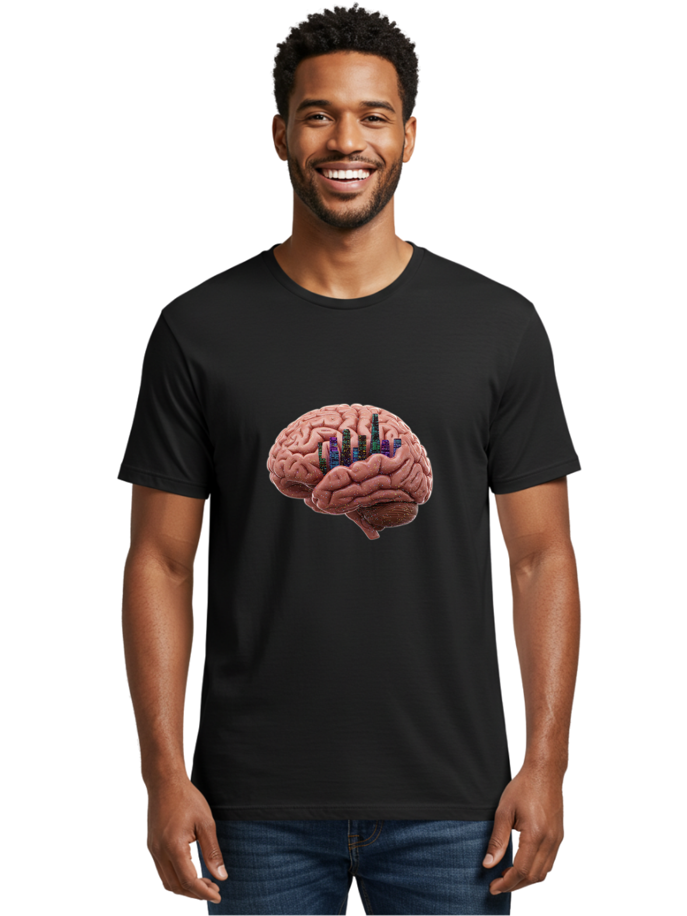 Digital-Brain Men'S Graphic Tee, 100% Cotton, Comfortable Casual Summer Wear, Machine Washable, Human Brain, 3D Barcode, Cognitive Function, Digital Representation, Neuroscience, Technology Integration, Data Encoding, Innovative Concept, Baa449