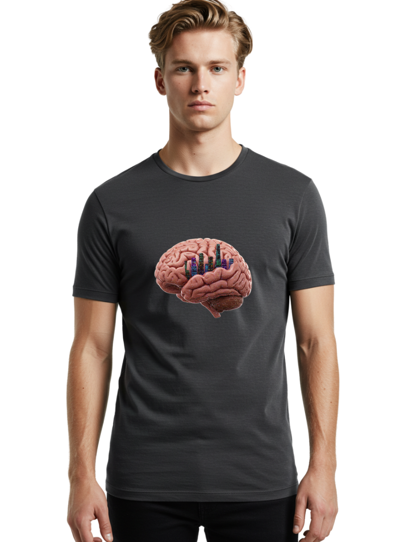 Digital-Brain Men'S Graphic Tee, 100% Cotton, Comfortable Casual Summer Wear, Machine Washable, Human Brain, 3D Barcode, Cognitive Function, Digital Representation, Neuroscience, Technology Integration, Data Encoding, Innovative Concept, Baa449