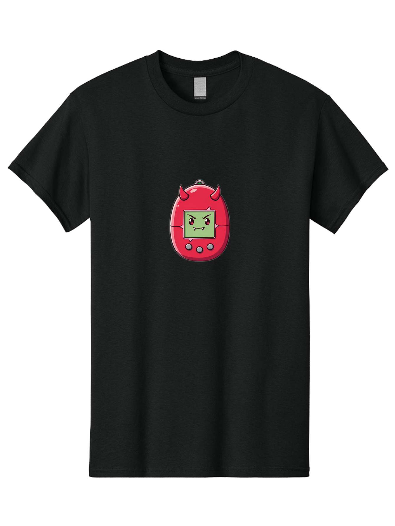 Digital-Monster Men'S Graphic Tee, 100% Cotton, Comfortable Casual Summer Wear, Machine Washable, Retro Digital Pet, Tamagotchi Toy, Cartoon Character, Devil Horns, Angry Face, Red And Green Colors, Nostalgic Gaming, Childhood Memories, Baa450