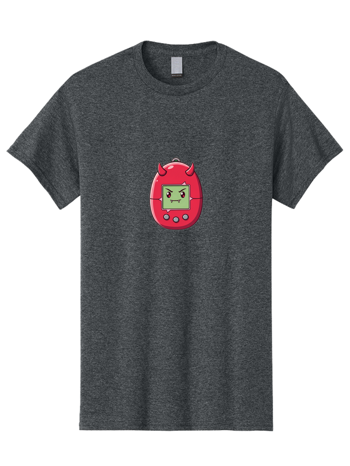 Digital-Monster Men'S Graphic Tee, 100% Cotton, Comfortable Casual Summer Wear, Machine Washable, Retro Digital Pet, Tamagotchi Toy, Cartoon Character, Devil Horns, Angry Face, Red And Green Colors, Nostalgic Gaming, Childhood Memories, Baa450