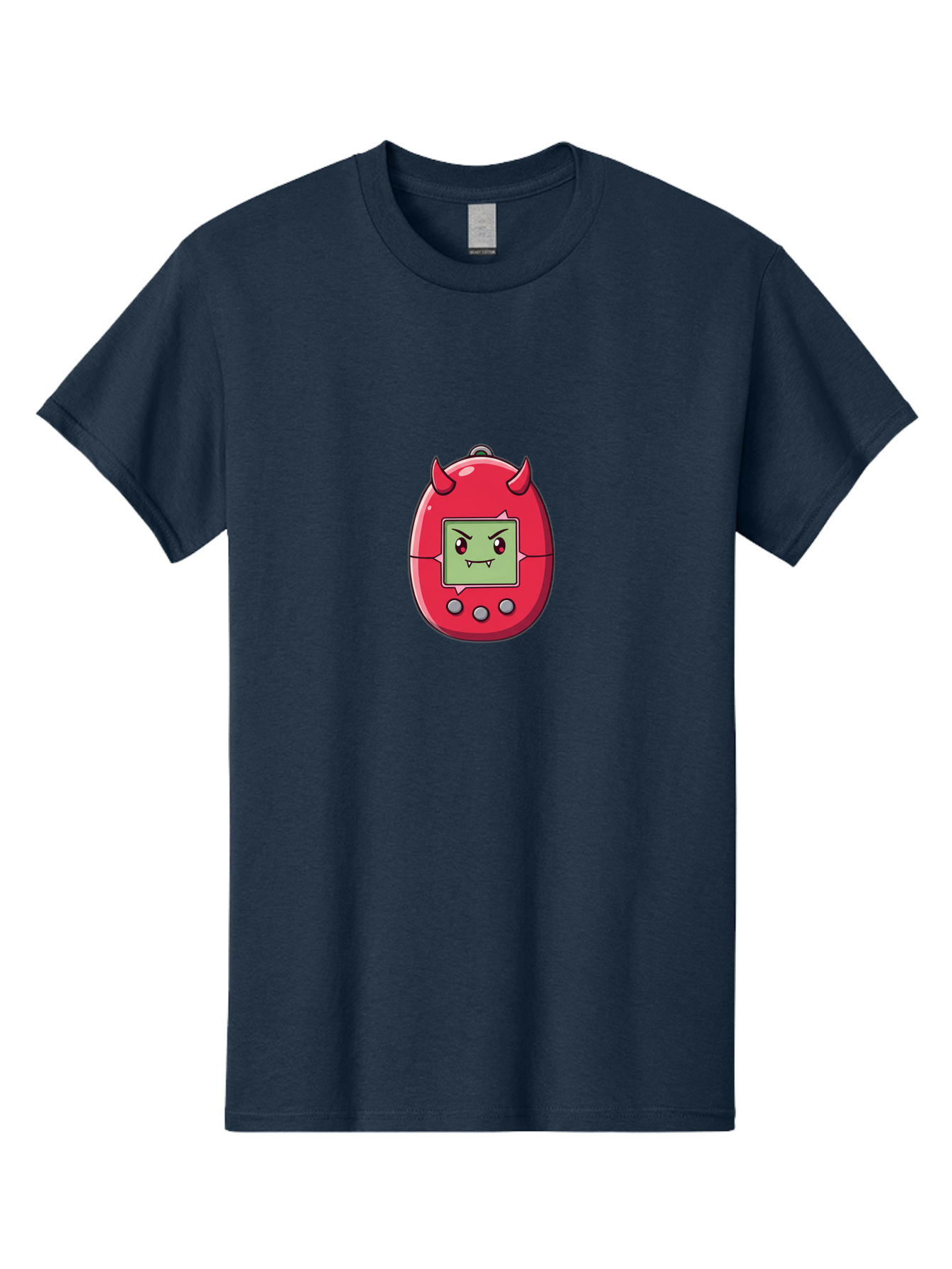 Digital-Monster Men'S Graphic Tee, 100% Cotton, Comfortable Casual Summer Wear, Machine Washable, Retro Digital Pet, Tamagotchi Toy, Cartoon Character, Devil Horns, Angry Face, Red And Green Colors, Nostalgic Gaming, Childhood Memories, Baa450