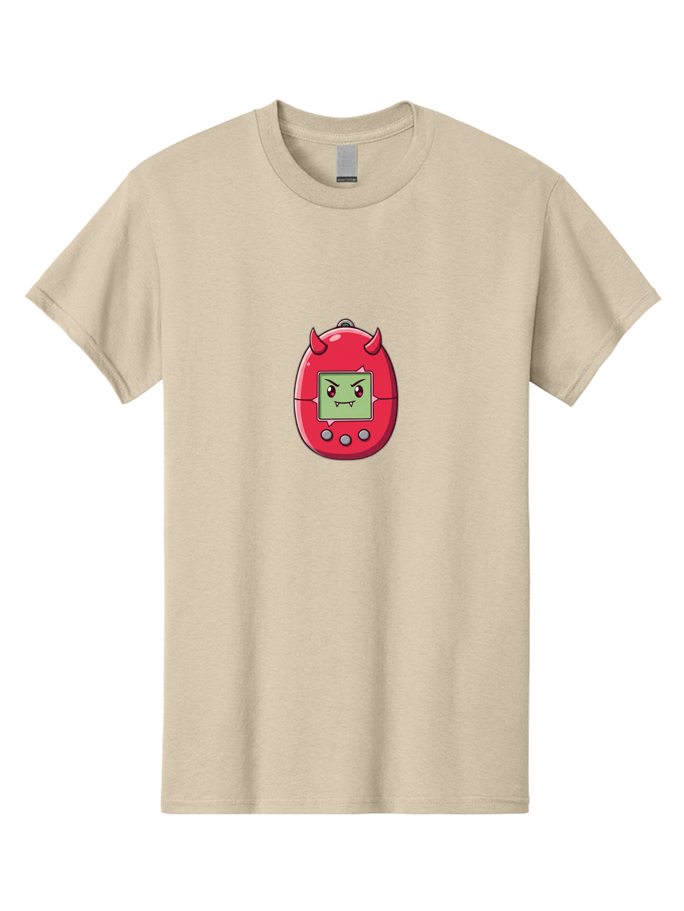 Digital-Monster Men'S Graphic Tee, 100% Cotton, Comfortable Casual Summer Wear, Machine Washable, Retro Digital Pet, Tamagotchi Toy, Cartoon Character, Devil Horns, Angry Face, Red And Green Colors, Nostalgic Gaming, Childhood Memories, Baa450