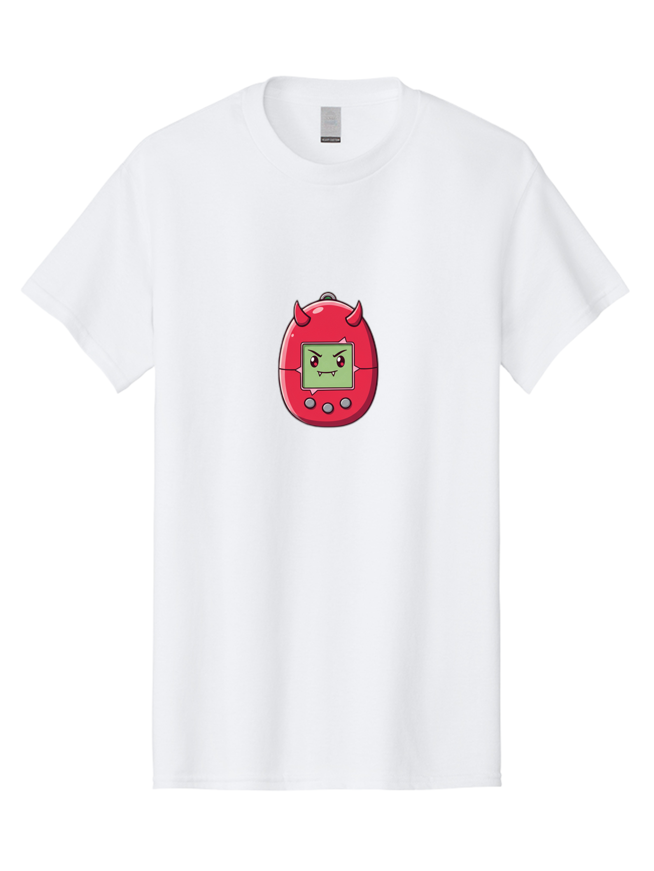 Digital-Monster Men'S Graphic Tee, 100% Cotton, Comfortable Casual Summer Wear, Machine Washable, Retro Digital Pet, Tamagotchi Toy, Cartoon Character, Devil Horns, Angry Face, Red And Green Colors, Nostalgic Gaming, Childhood Memories, Baa450