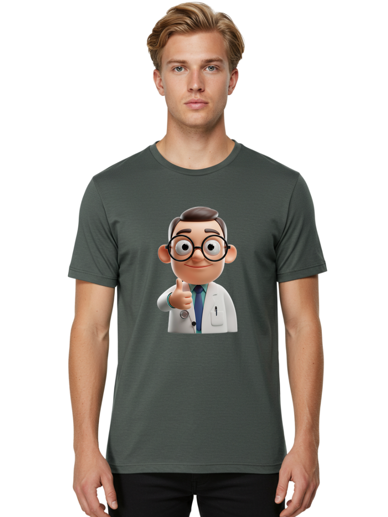 Doctor-1 Men'S Graphic Tee, 100% Cotton, Comfortable Casual Summer Wear, Machine Washable, 3D Cartoon Doctor, Thumbs Up Gesture, Eyeglasses, White Lab Coat, Blue Tie, Stethoscope, Confident Expression, Friendly Demeanor, Medical Professional, Baa455