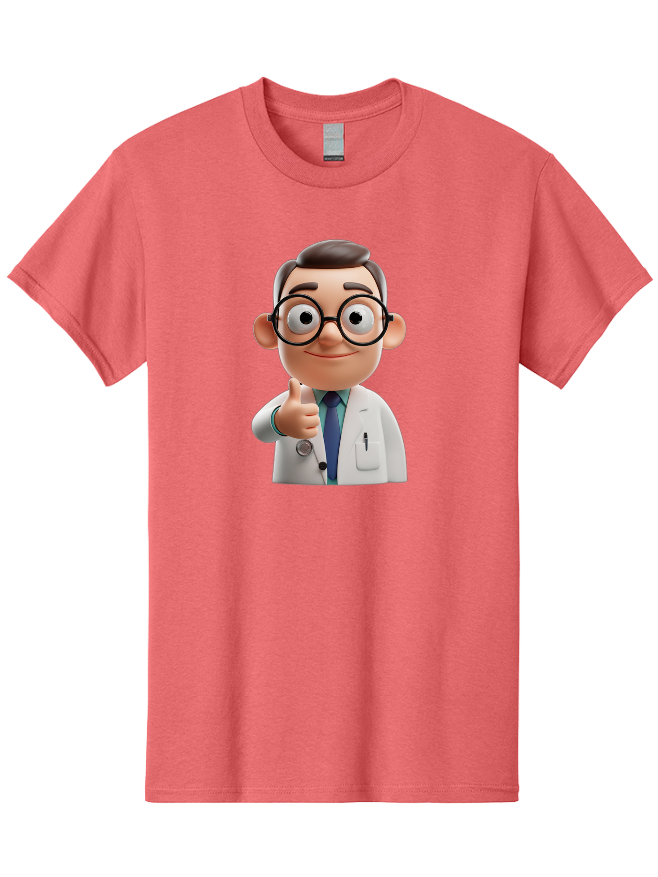 Doctor-1 Men'S Graphic Tee, 100% Cotton, Comfortable Casual Summer Wear, Machine Washable, 3D Cartoon Doctor, Thumbs Up Gesture, Eyeglasses, White Lab Coat, Blue Tie, Stethoscope, Confident Expression, Friendly Demeanor, Medical Professional, Baa455