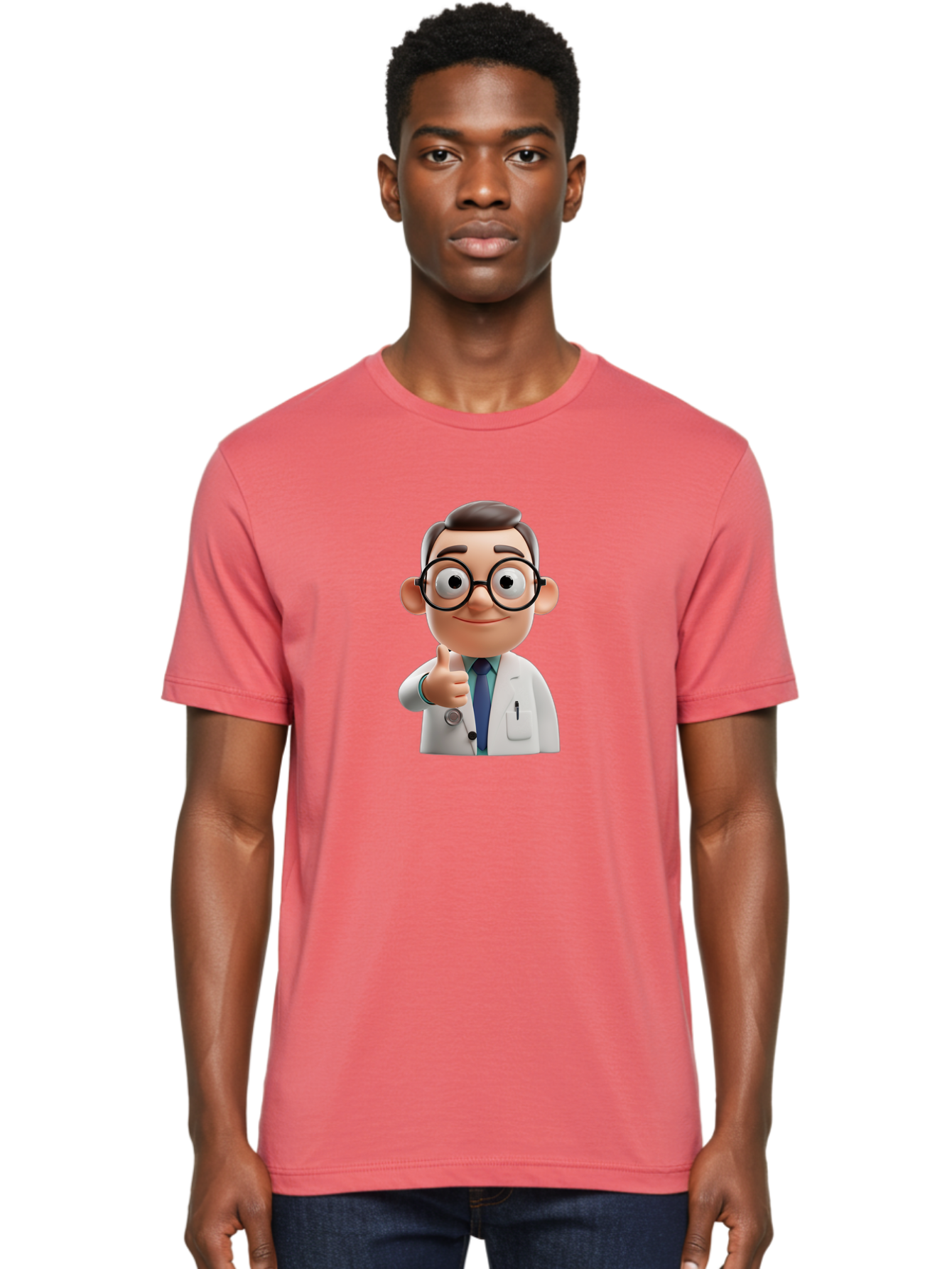 Doctor-1 Men'S Graphic Tee, 100% Cotton, Comfortable Casual Summer Wear, Machine Washable, 3D Cartoon Doctor, Thumbs Up Gesture, Eyeglasses, White Lab Coat, Blue Tie, Stethoscope, Confident Expression, Friendly Demeanor, Medical Professional, Baa455