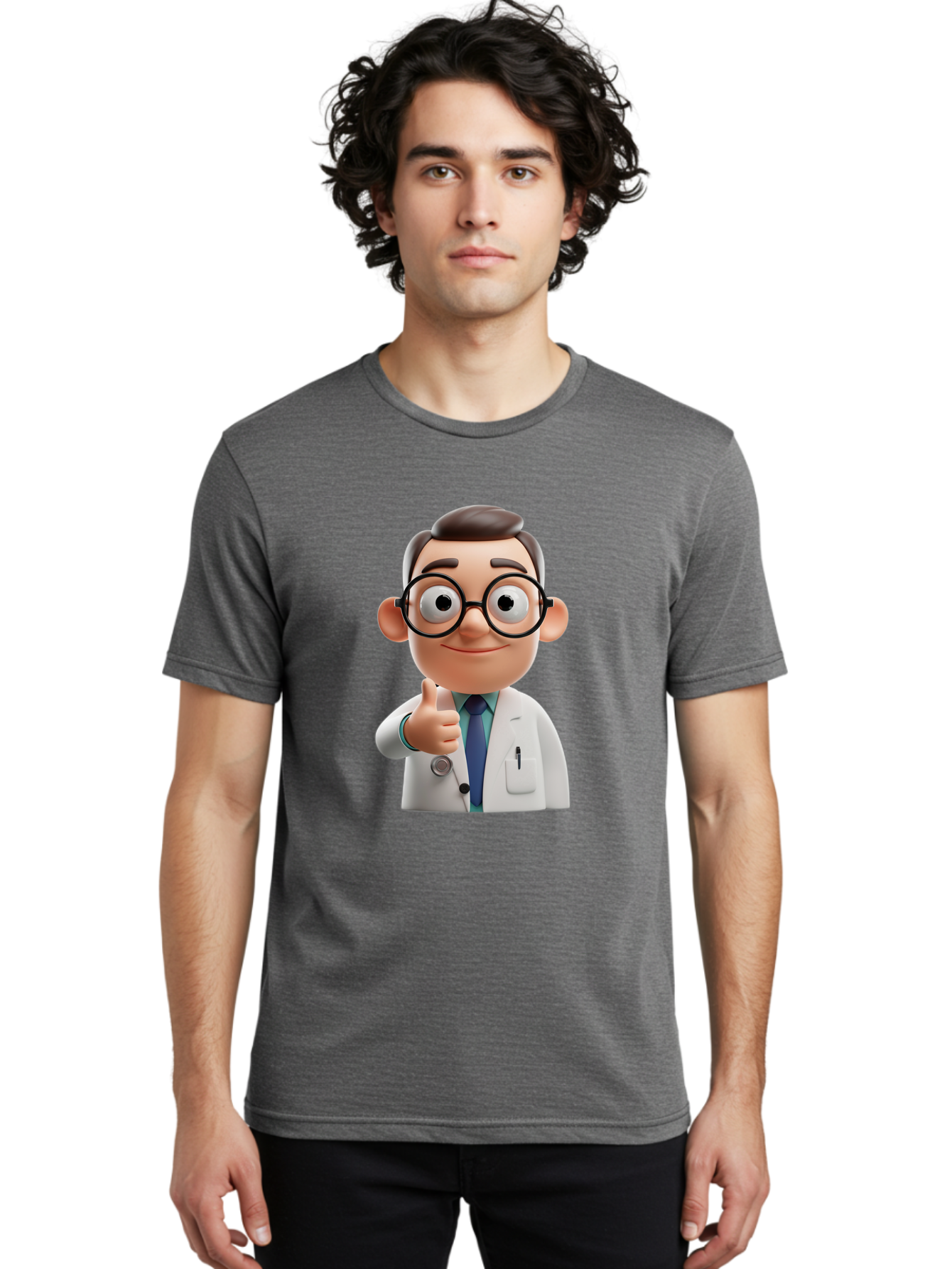 Doctor-1 Men'S Graphic Tee, 100% Cotton, Comfortable Casual Summer Wear, Machine Washable, 3D Cartoon Doctor, Thumbs Up Gesture, Eyeglasses, White Lab Coat, Blue Tie, Stethoscope, Confident Expression, Friendly Demeanor, Medical Professional, Baa455