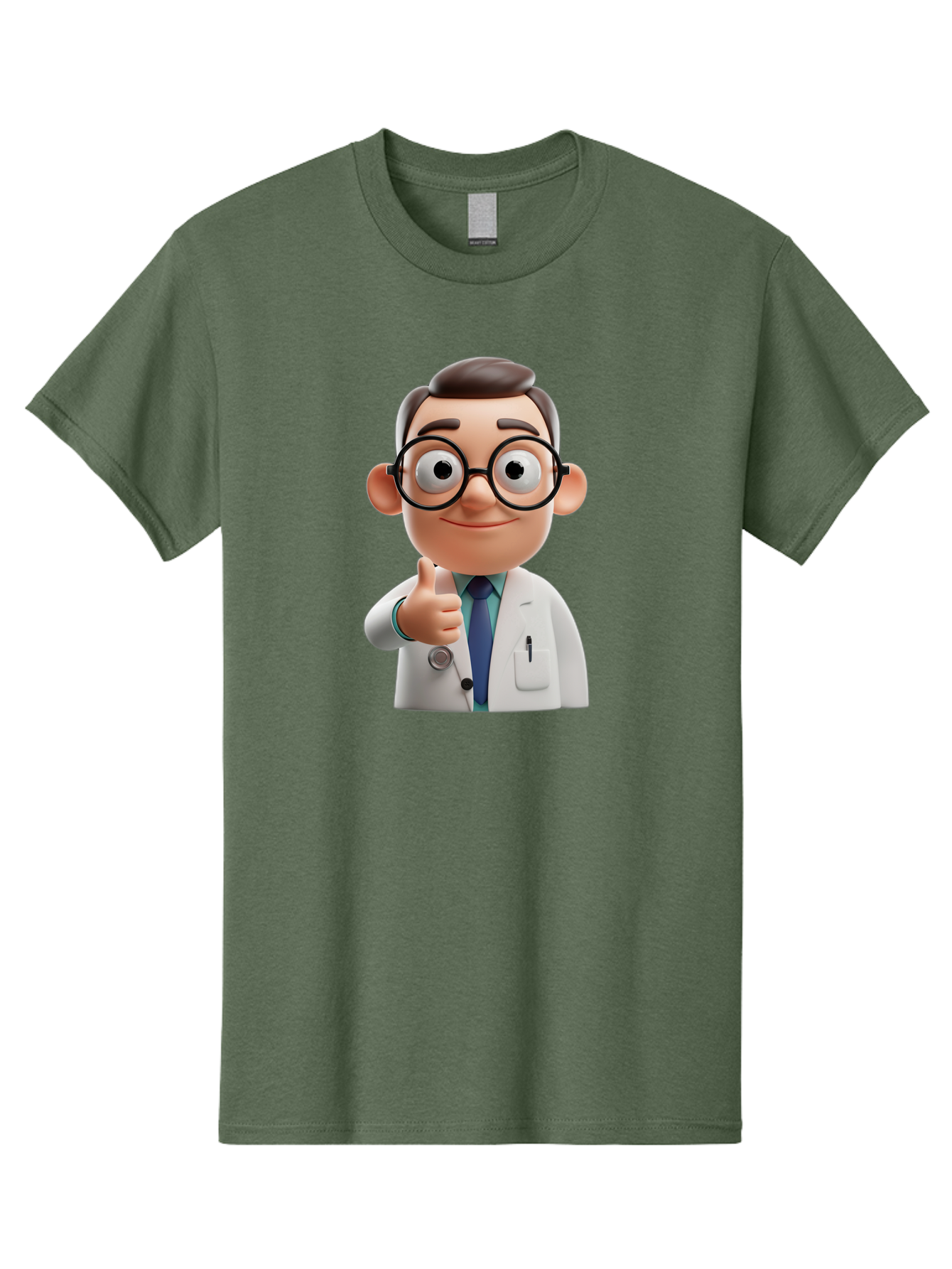 Doctor-1 Men'S Graphic Tee, 100% Cotton, Comfortable Casual Summer Wear, Machine Washable, 3D Cartoon Doctor, Thumbs Up Gesture, Eyeglasses, White Lab Coat, Blue Tie, Stethoscope, Confident Expression, Friendly Demeanor, Medical Professional, Baa455