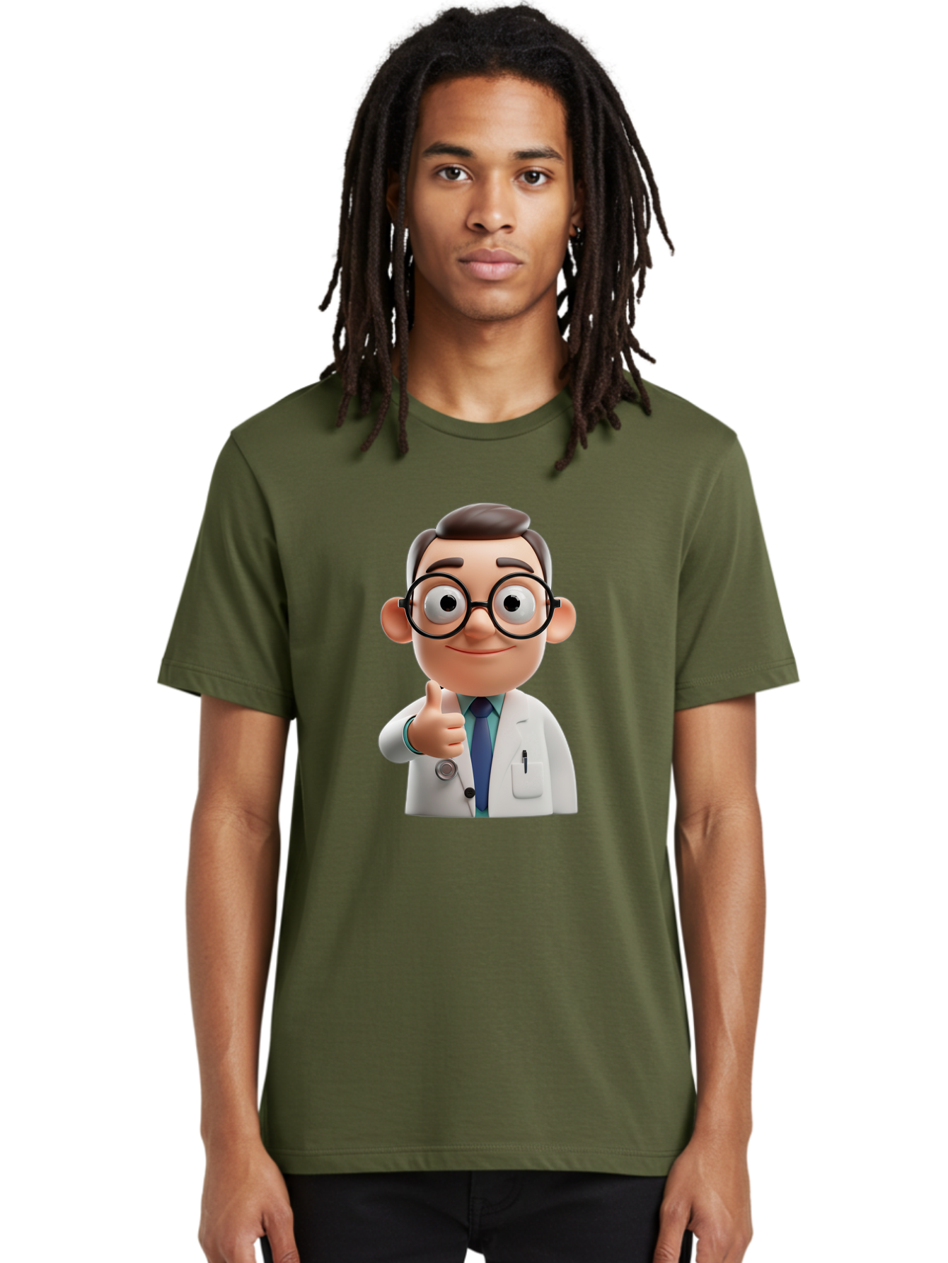 Doctor-1 Men'S Graphic Tee, 100% Cotton, Comfortable Casual Summer Wear, Machine Washable, 3D Cartoon Doctor, Thumbs Up Gesture, Eyeglasses, White Lab Coat, Blue Tie, Stethoscope, Confident Expression, Friendly Demeanor, Medical Professional, Baa455