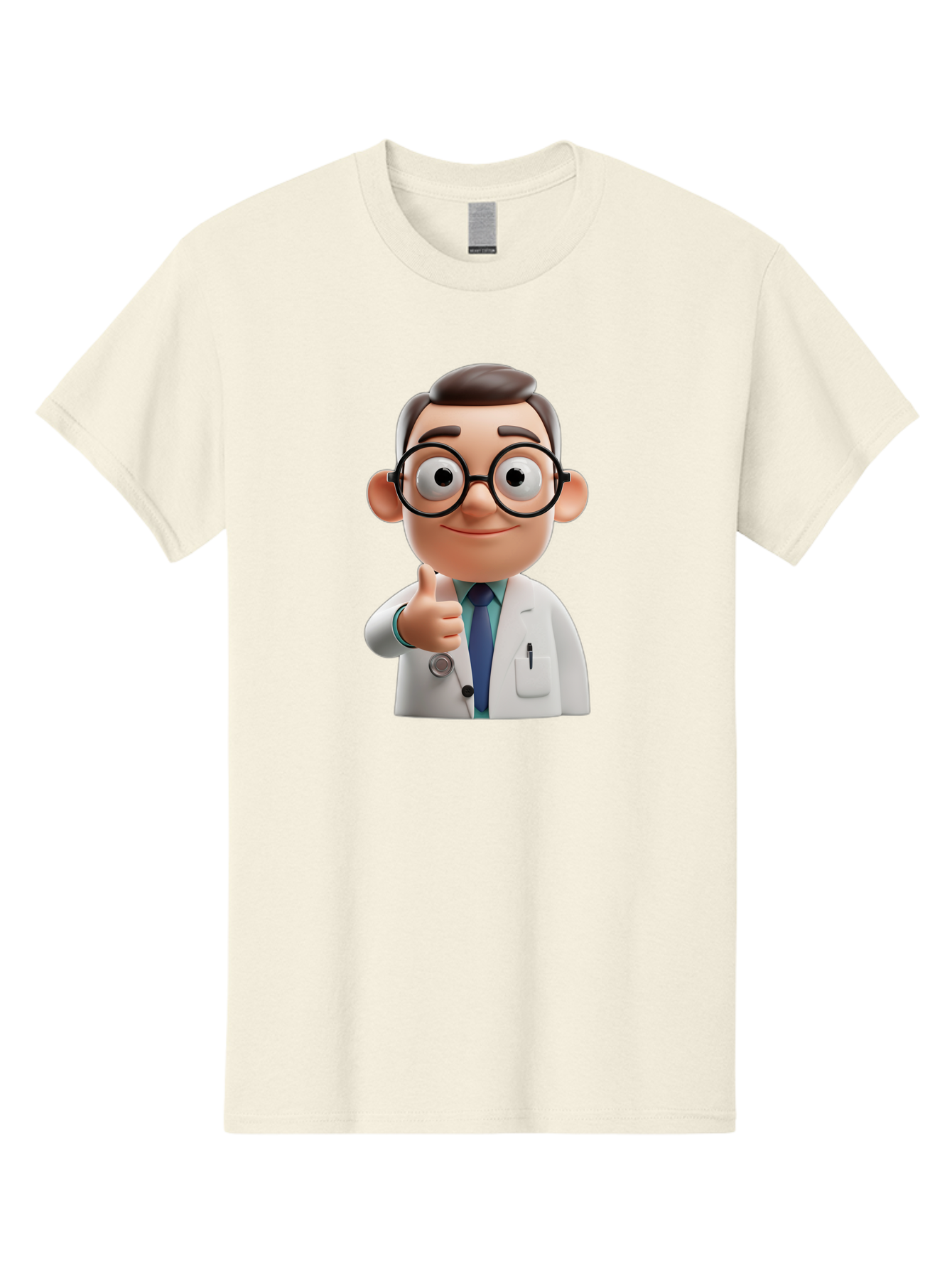 Doctor-1 Men'S Graphic Tee, 100% Cotton, Comfortable Casual Summer Wear, Machine Washable, 3D Cartoon Doctor, Thumbs Up Gesture, Eyeglasses, White Lab Coat, Blue Tie, Stethoscope, Confident Expression, Friendly Demeanor, Medical Professional, Baa455