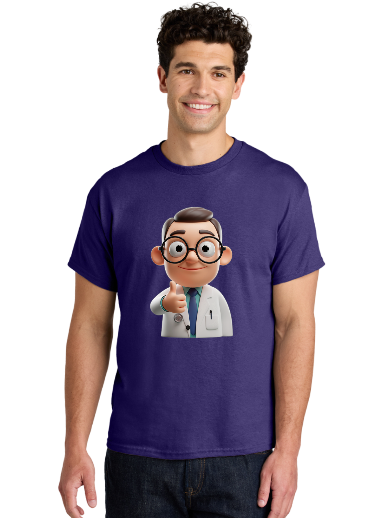 Doctor-1 Men'S Graphic Tee, 100% Cotton, Comfortable Casual Summer Wear, Machine Washable, 3D Cartoon Doctor, Thumbs Up Gesture, Eyeglasses, White Lab Coat, Blue Tie, Stethoscope, Confident Expression, Friendly Demeanor, Medical Professional, Baa455