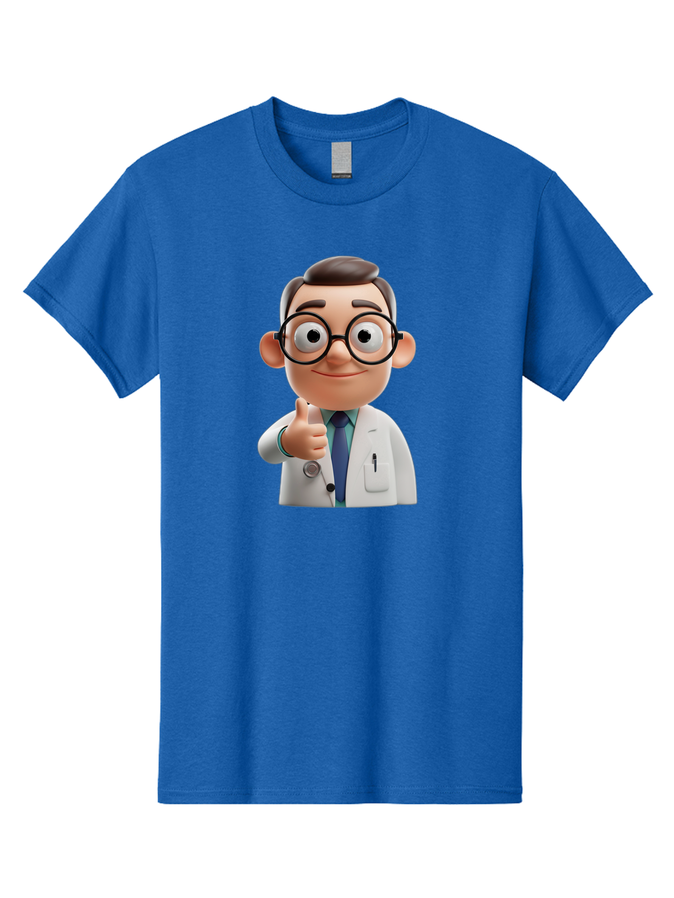 Doctor-1 Men'S Graphic Tee, 100% Cotton, Comfortable Casual Summer Wear, Machine Washable, 3D Cartoon Doctor, Thumbs Up Gesture, Eyeglasses, White Lab Coat, Blue Tie, Stethoscope, Confident Expression, Friendly Demeanor, Medical Professional, Baa455