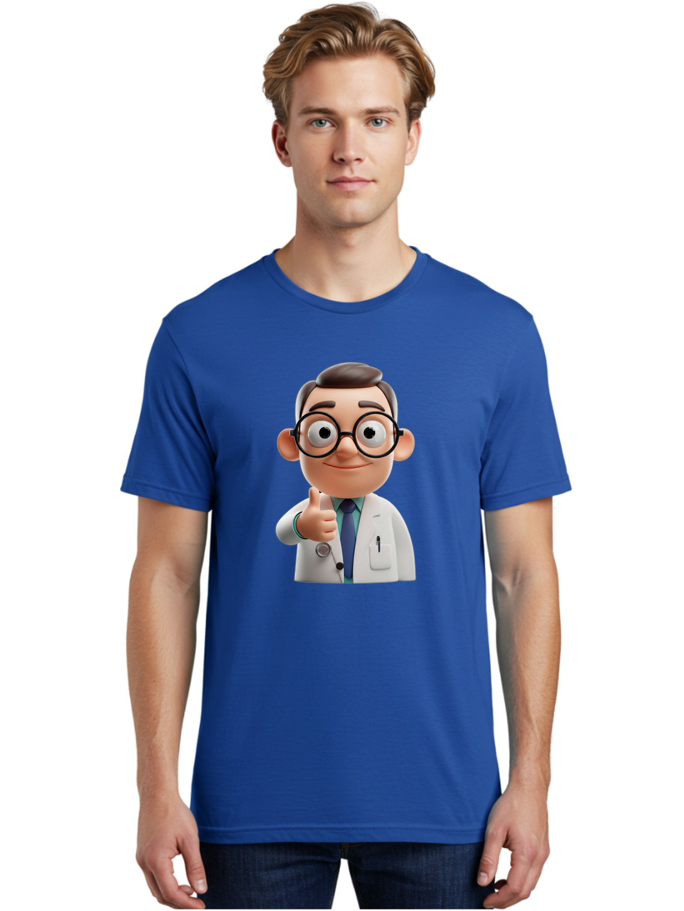 Doctor-1 Men'S Graphic Tee, 100% Cotton, Comfortable Casual Summer Wear, Machine Washable, 3D Cartoon Doctor, Thumbs Up Gesture, Eyeglasses, White Lab Coat, Blue Tie, Stethoscope, Confident Expression, Friendly Demeanor, Medical Professional, Baa455